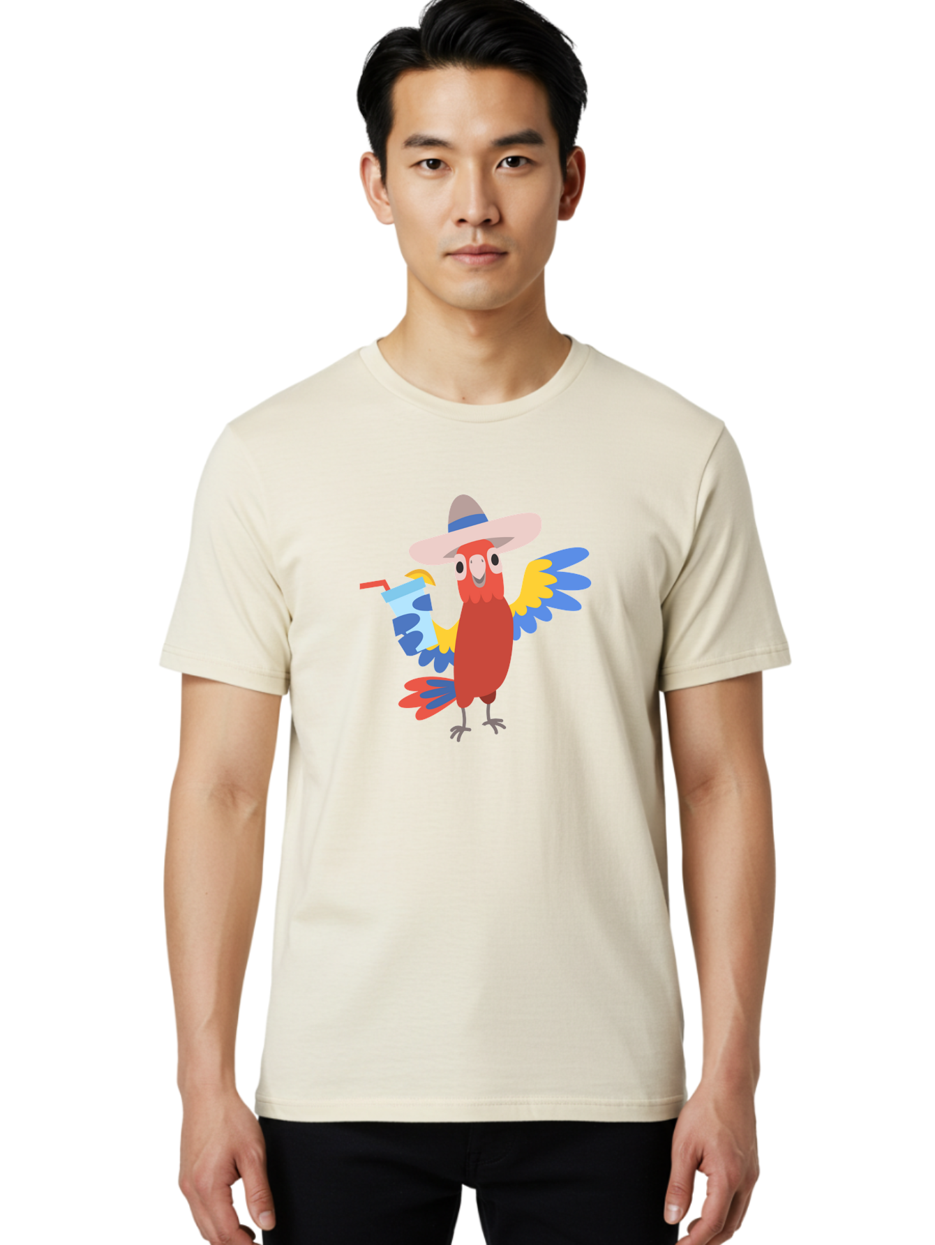 Parrot-Hat-Drink Men'S Graphic Tee, 100% Cotton, Comfortable Casual Summer Wear, Machine Washable, Colorful Parrot, Cartoon Parrot, Tropical Bird, Blue And Yellow Wings, Red Body, Large Hat, Striped Band, Cold Drink, Straw, Funny Character, Aab860