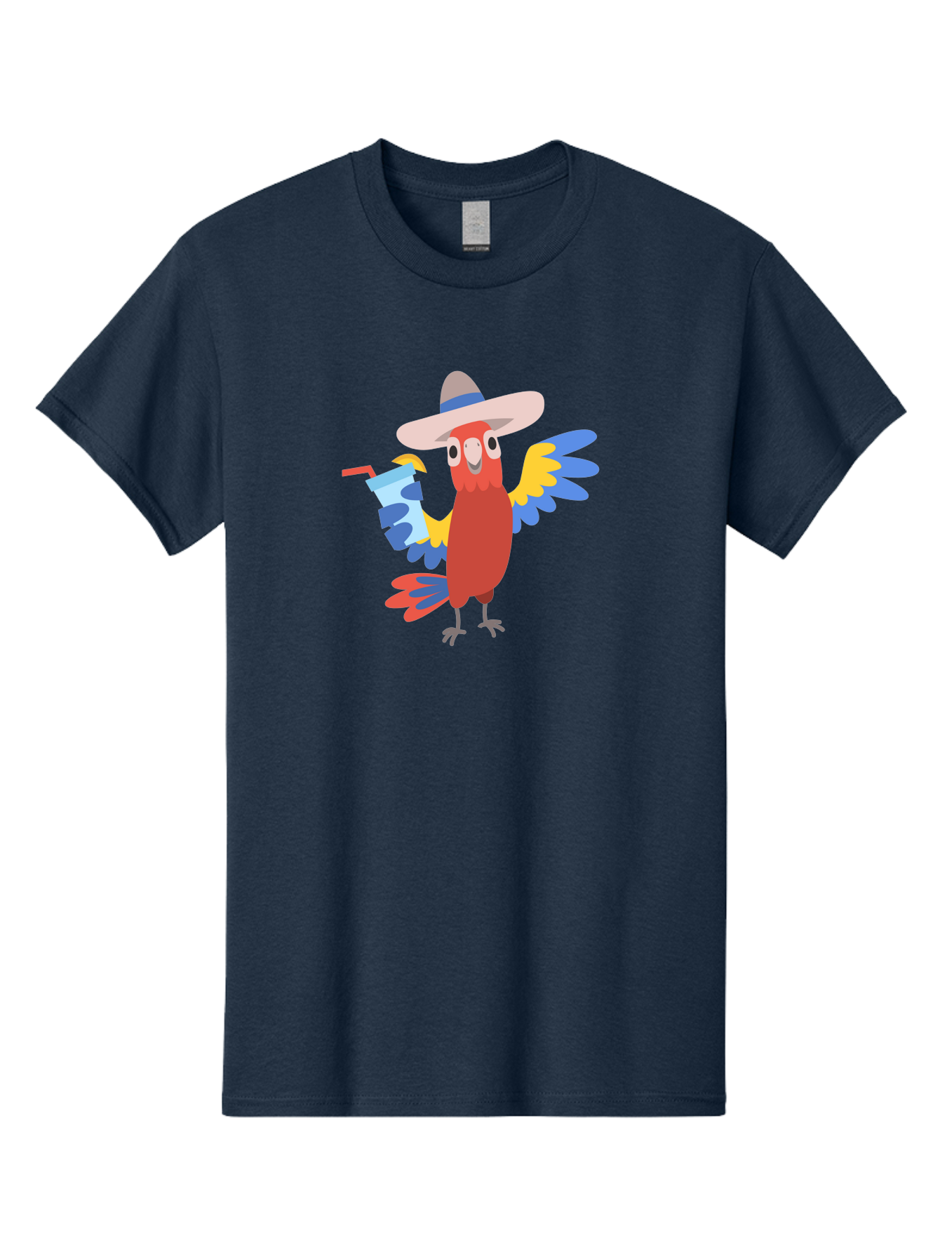 Parrot-Hat-Drink Men'S Graphic Tee, 100% Cotton, Comfortable Casual Summer Wear, Machine Washable, Colorful Parrot, Cartoon Parrot, Tropical Bird, Blue And Yellow Wings, Red Body, Large Hat, Striped Band, Cold Drink, Straw, Funny Character, Aab860