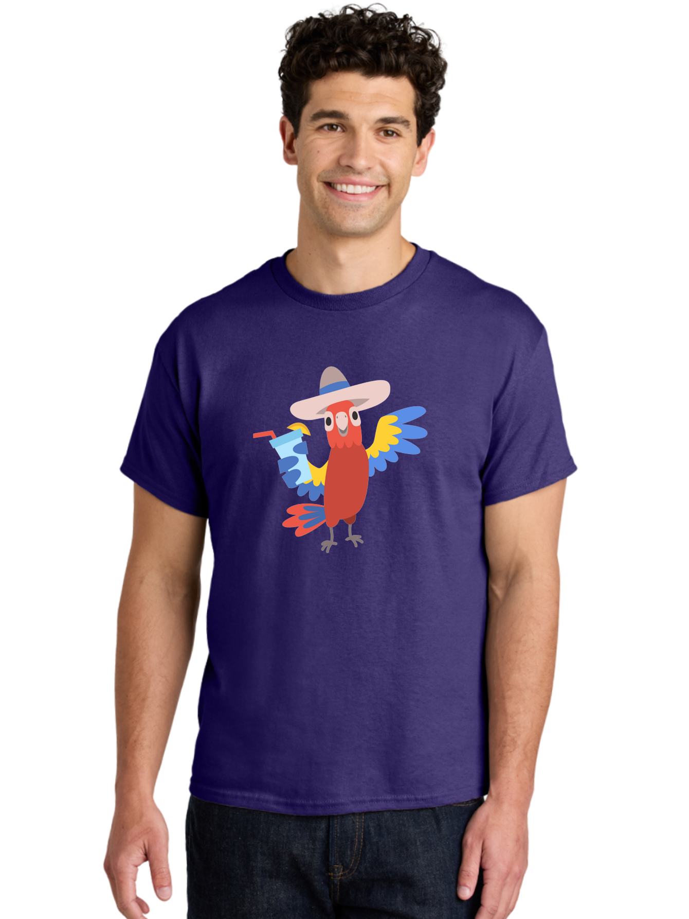 Parrot-Hat-Drink Men'S Graphic Tee, 100% Cotton, Comfortable Casual Summer Wear, Machine Washable, Colorful Parrot, Cartoon Parrot, Tropical Bird, Blue And Yellow Wings, Red Body, Large Hat, Striped Band, Cold Drink, Straw, Funny Character, Aab860