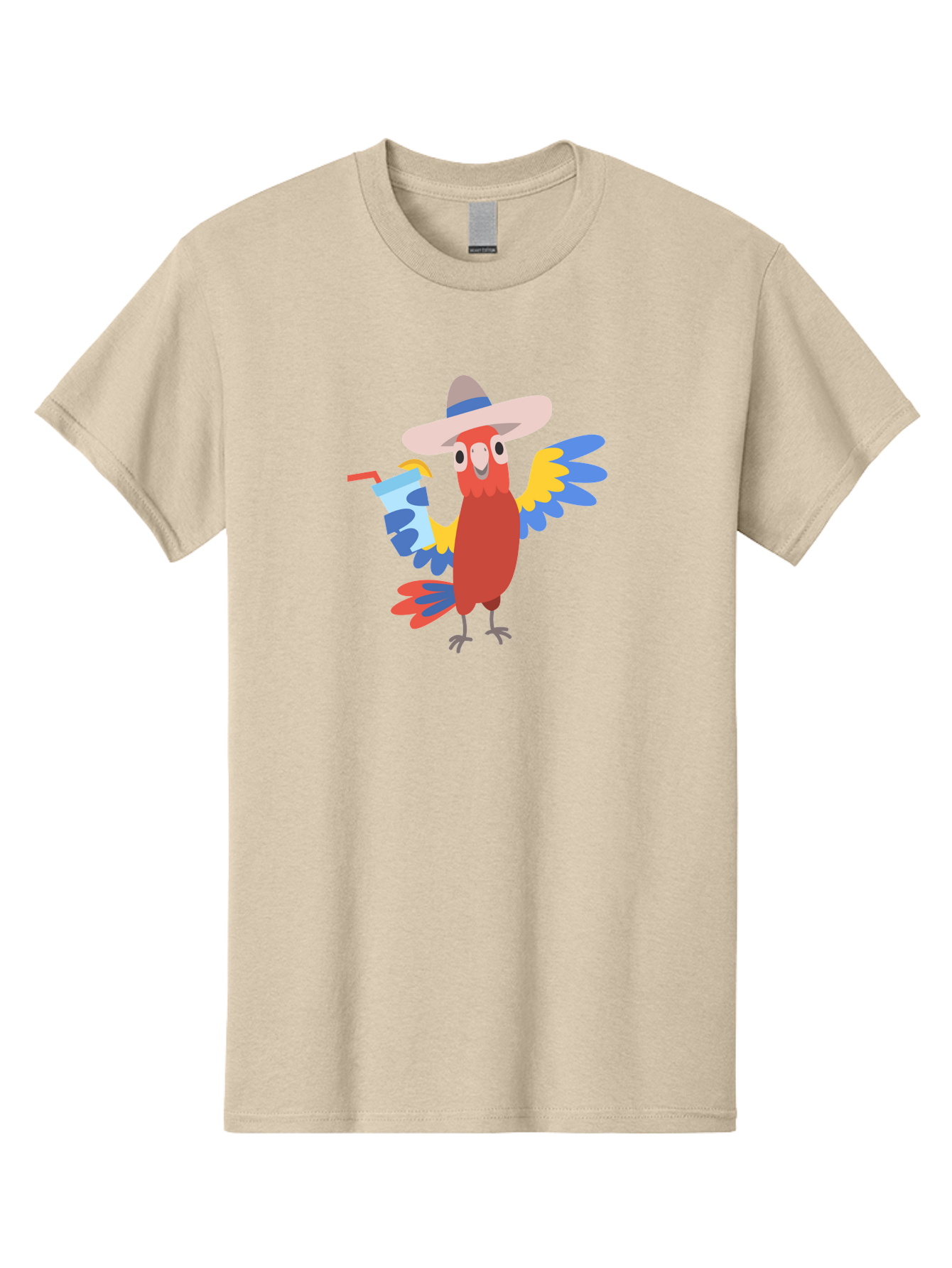 Parrot-Hat-Drink Men'S Graphic Tee, 100% Cotton, Comfortable Casual Summer Wear, Machine Washable, Colorful Parrot, Cartoon Parrot, Tropical Bird, Blue And Yellow Wings, Red Body, Large Hat, Striped Band, Cold Drink, Straw, Funny Character, Aab860