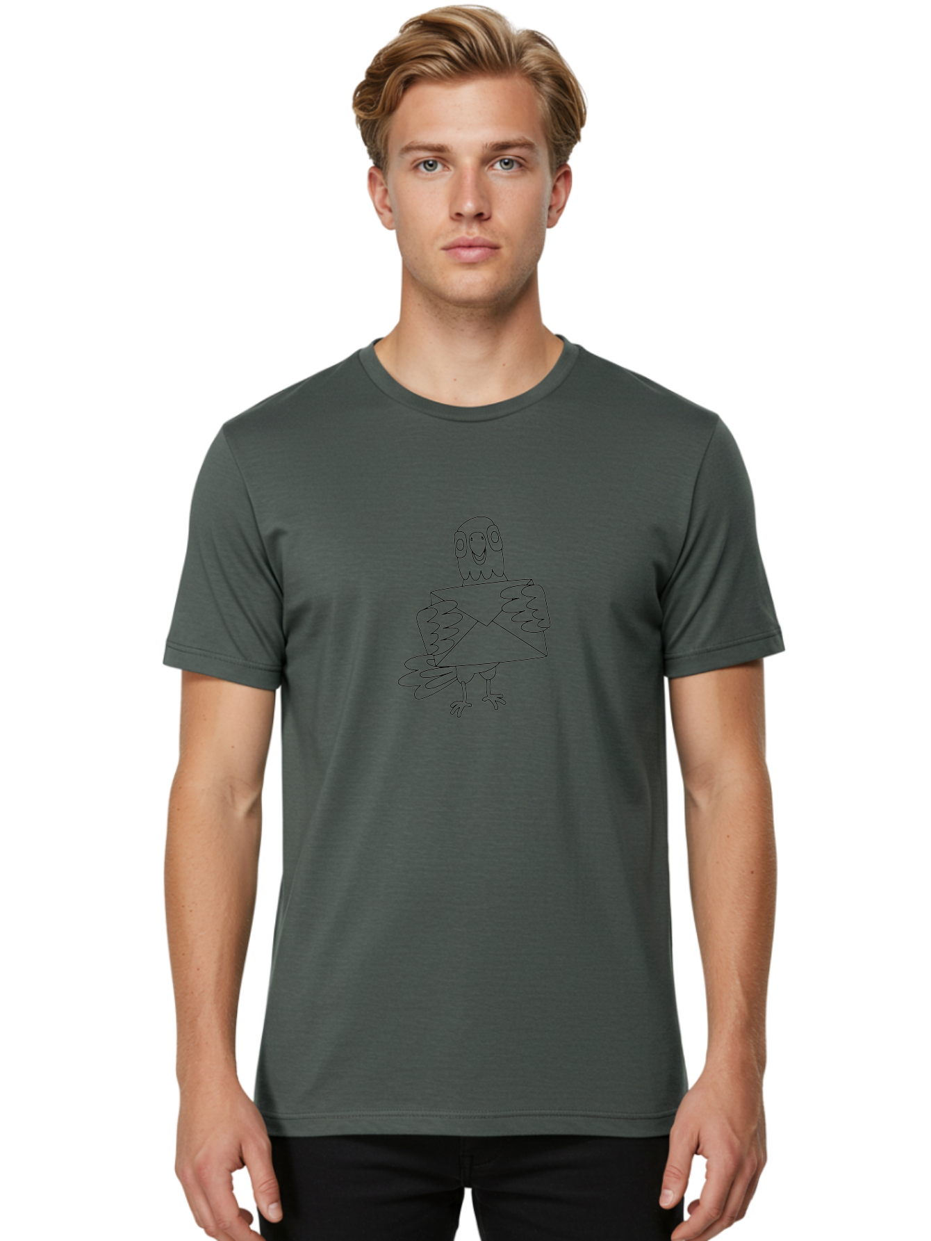 Parrot-Holding-Envelope Men'S Graphic Tee, 100% Cotton, Comfortable Casual Summer Wear, Machine Washable, Parrot Holding Envelope, Cartoon Bird, Simple Illustration, Black And White Drawing, Mail Delivery, Amusing Character, Fowl With Letter Aab862