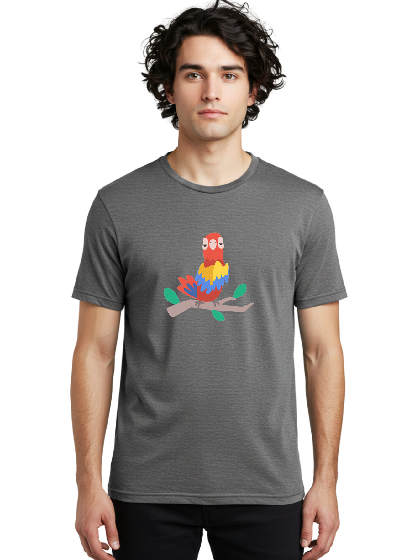 Parrot-On-Branch Men'S Graphic Tee, 100% Cotton, Comfortable Casual Summer Wear, Machine Washable, Colorful Parrot, Cartoon Bird, Vibrant Plumage, Red, Blue, And Yellow Feathers, Sitting On A Tree Branch, Green Leaves, Tropical Bird, Aab865