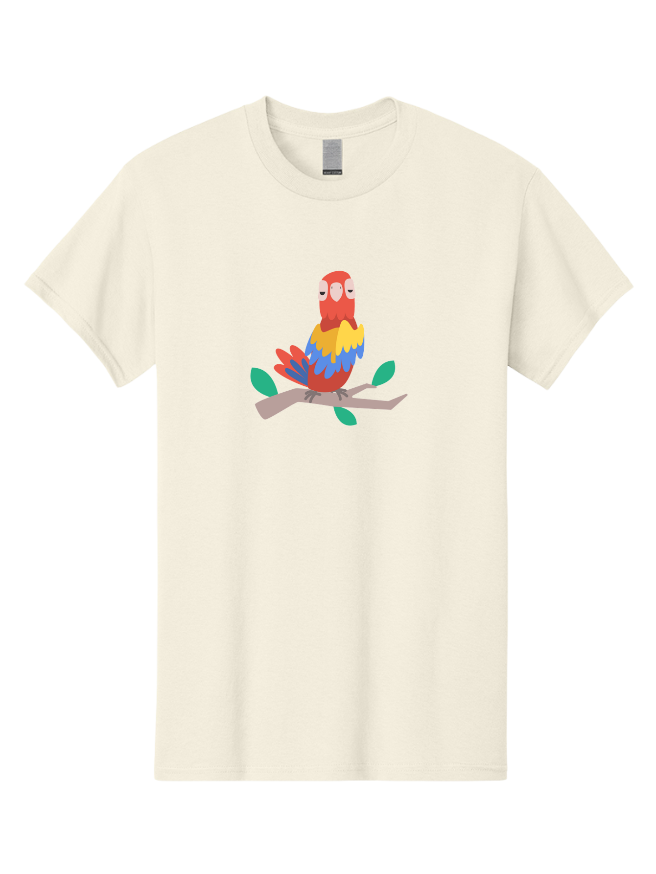 Parrot-On-Branch Men'S Graphic Tee, 100% Cotton, Comfortable Casual Summer Wear, Machine Washable, Colorful Parrot, Cartoon Bird, Vibrant Plumage, Red, Blue, And Yellow Feathers, Sitting On A Tree Branch, Green Leaves, Tropical Bird, Aab865