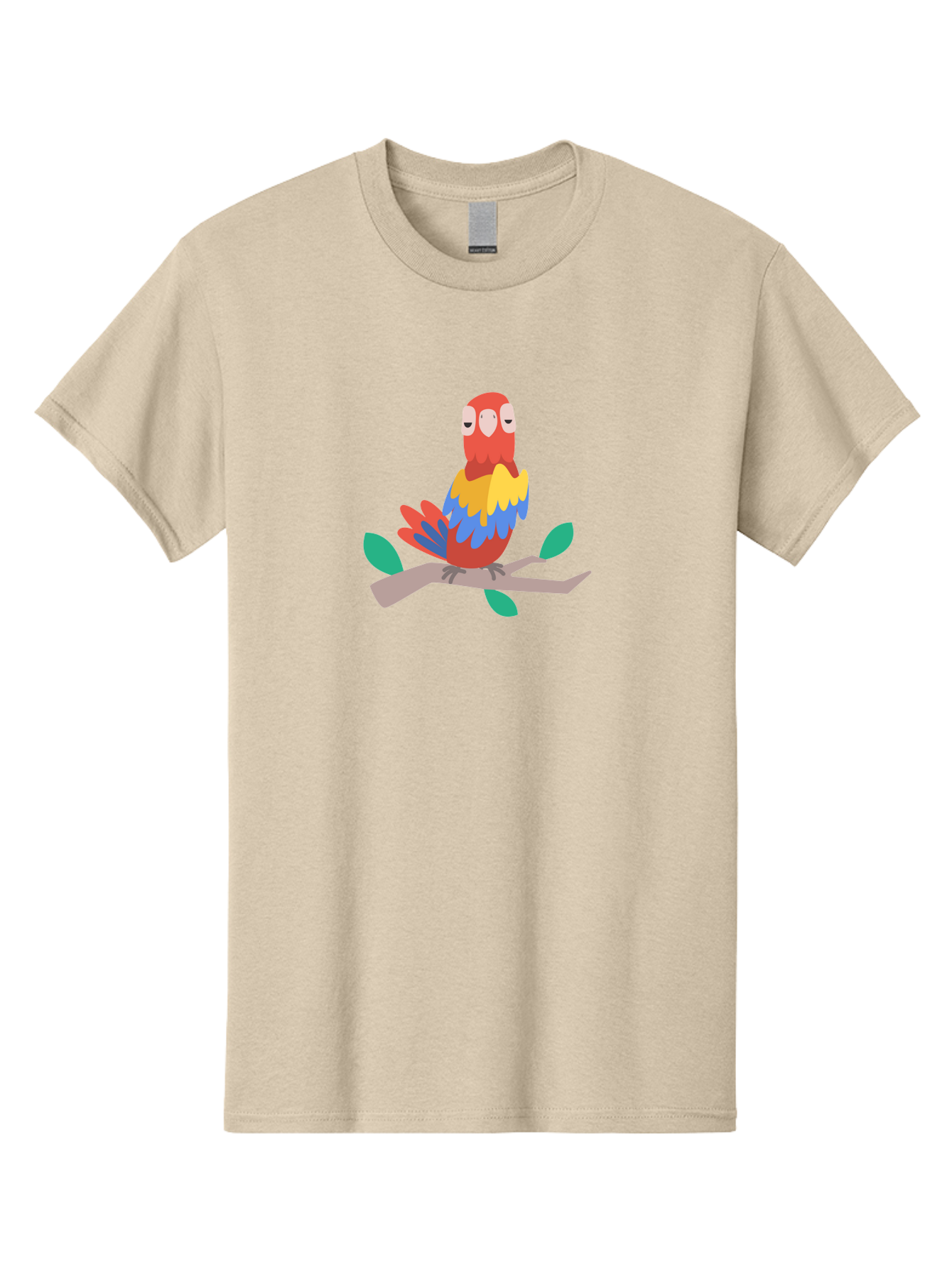 Parrot-On-Branch Men'S Graphic Tee, 100% Cotton, Comfortable Casual Summer Wear, Machine Washable, Colorful Parrot, Cartoon Bird, Vibrant Plumage, Red, Blue, And Yellow Feathers, Sitting On A Tree Branch, Green Leaves, Tropical Bird, Aab865