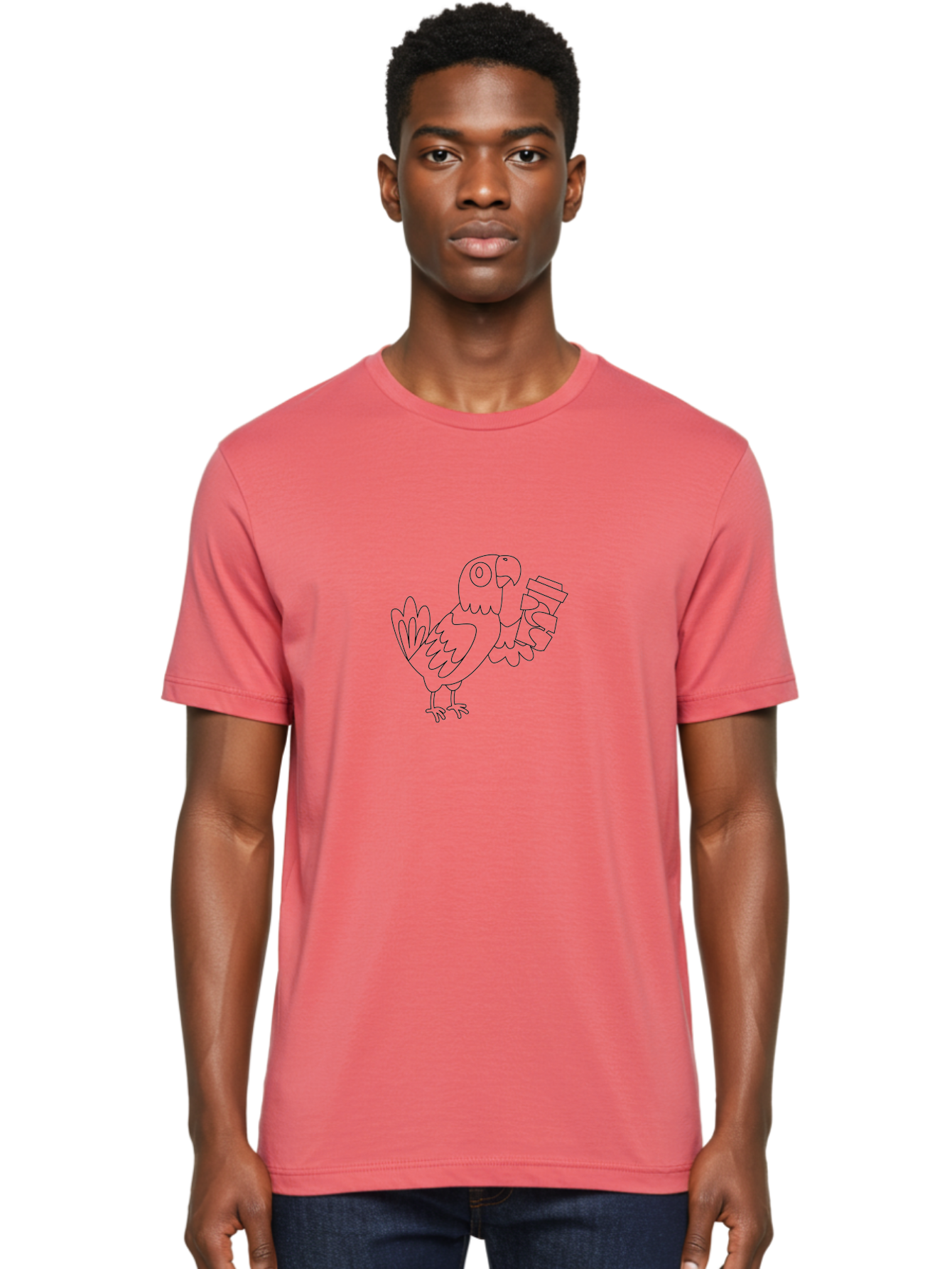 Parrot-With-Coffee Men'S Graphic Tee, 100% Cotton, Comfortable Casual Summer Wear, Machine Washable, Parrot Holding Coffee Cup, Cartoon Bird, Coffee Lover, Funny Animal, Quirky Character, Line Art, Simple Design, Humorous Illustration Aab868