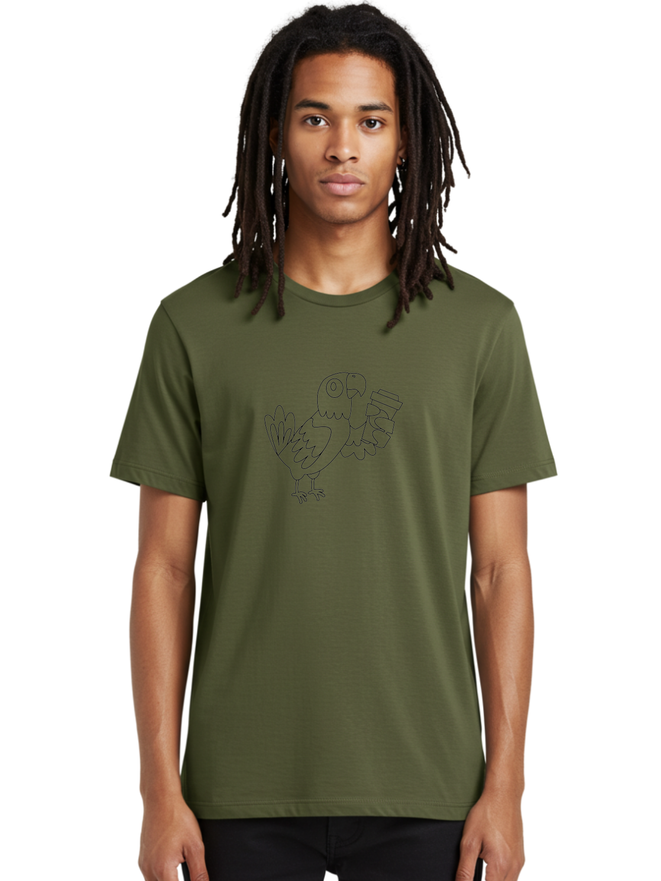 Parrot-With-Coffee Men'S Graphic Tee, 100% Cotton, Comfortable Casual Summer Wear, Machine Washable, Parrot Holding Coffee Cup, Cartoon Bird, Coffee Lover, Funny Animal, Quirky Character, Line Art, Simple Design, Humorous Illustration Aab868