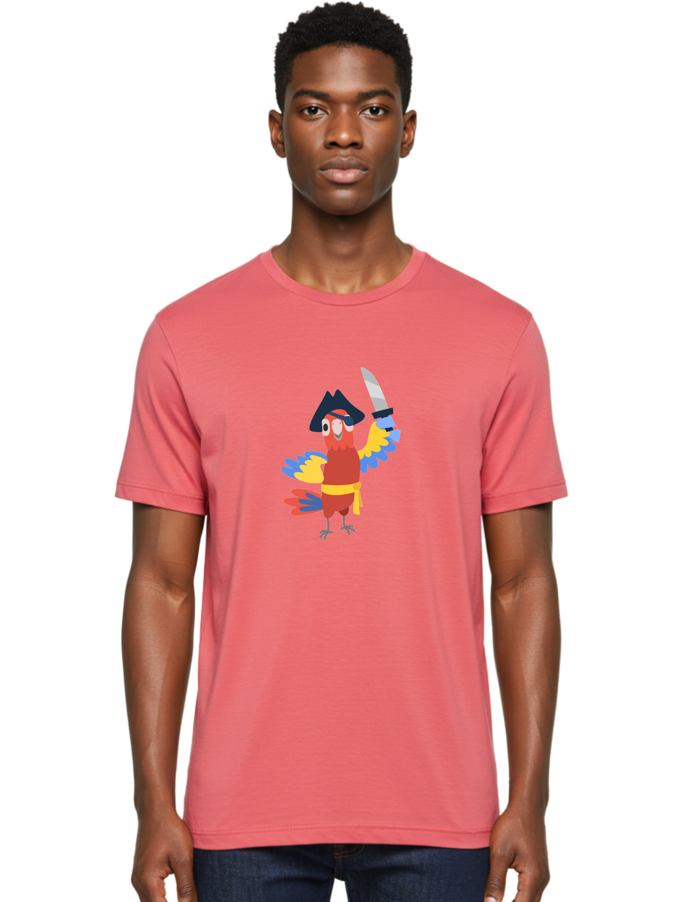 Pirate-Parrot Men'S Graphic Tee, 100% Cotton, Comfortable Casual Summer Wear, Machine Washable, Colorful Parrot Pirate, Pirate Bird Character, Swashbuckling Parrot, Pirate Hat, Pirate Sword, Cartoon Parrot, Pirate Costume, Red Parrot, Aab876
