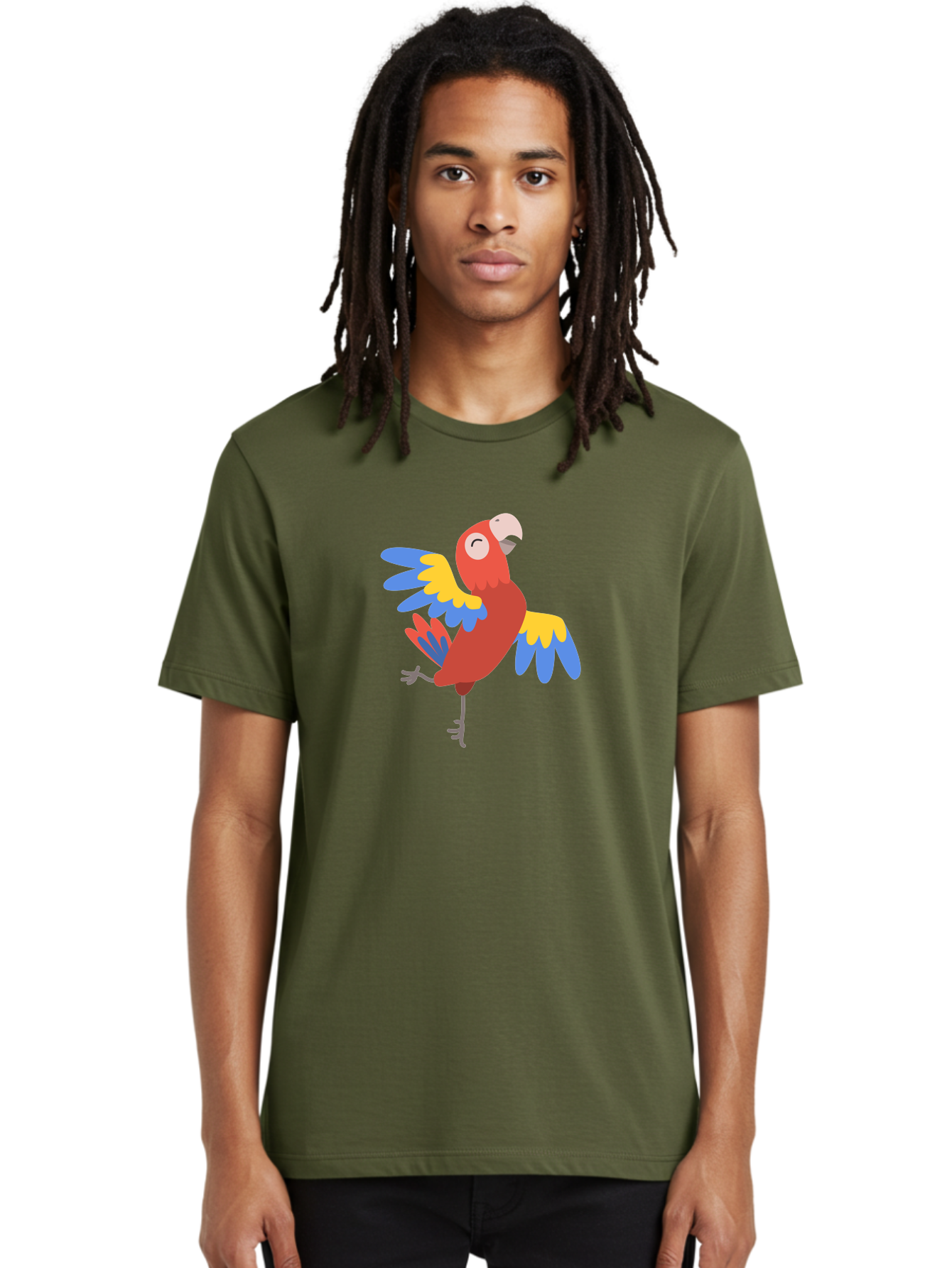 Red-Parrot-2 Men'S Graphic Tee, 100% Cotton, Comfortable Casual Summer Wear, Machine Washable, Colorful Parrot, Vibrant Red, Blue And Yellow Feathers, Tropical Bird, Cartoon Character, Playful Illustration, Exotic Animal, Bird Species Aab878