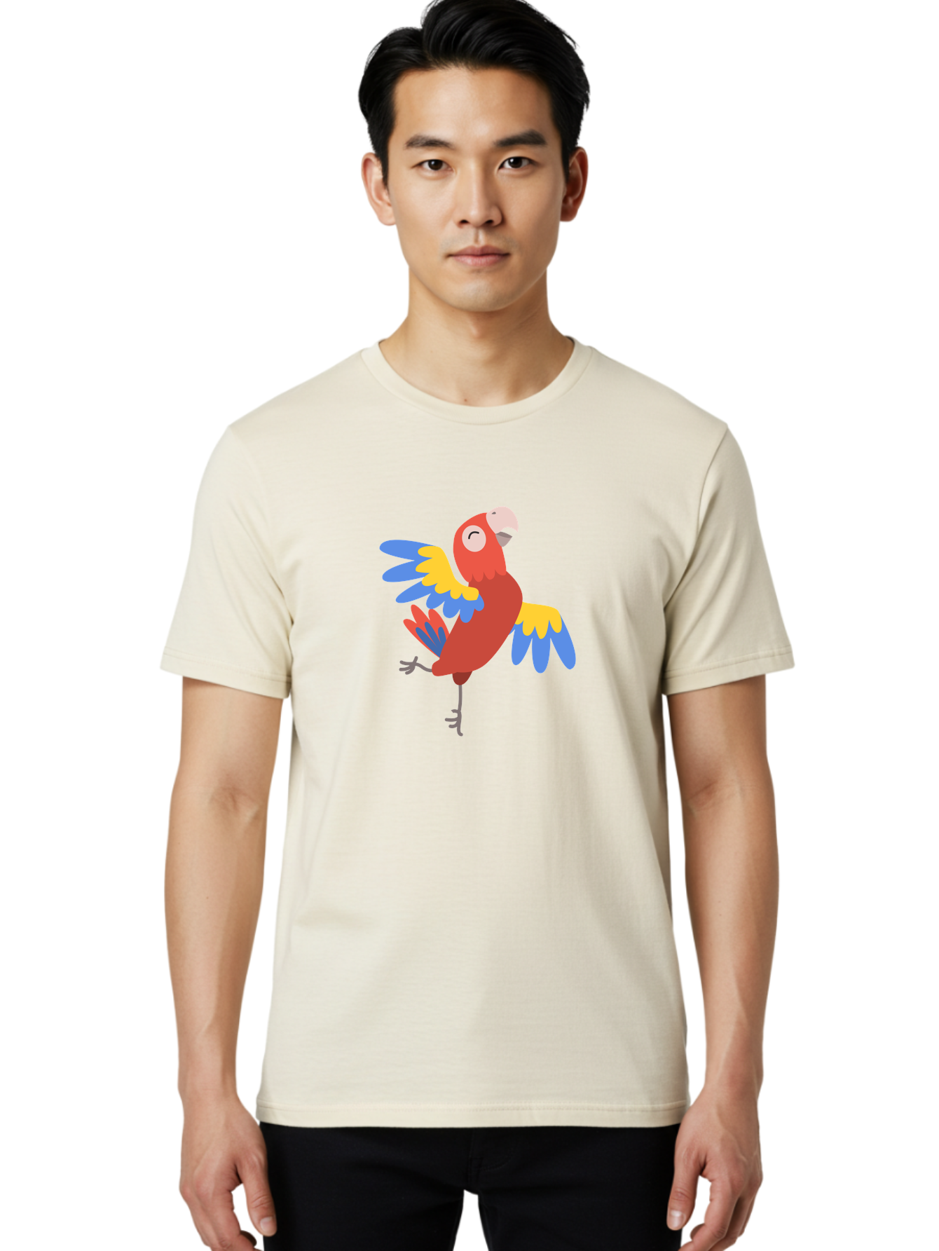 Red-Parrot-2 Men'S Graphic Tee, 100% Cotton, Comfortable Casual Summer Wear, Machine Washable, Colorful Parrot, Vibrant Red, Blue And Yellow Feathers, Tropical Bird, Cartoon Character, Playful Illustration, Exotic Animal, Bird Species Aab878