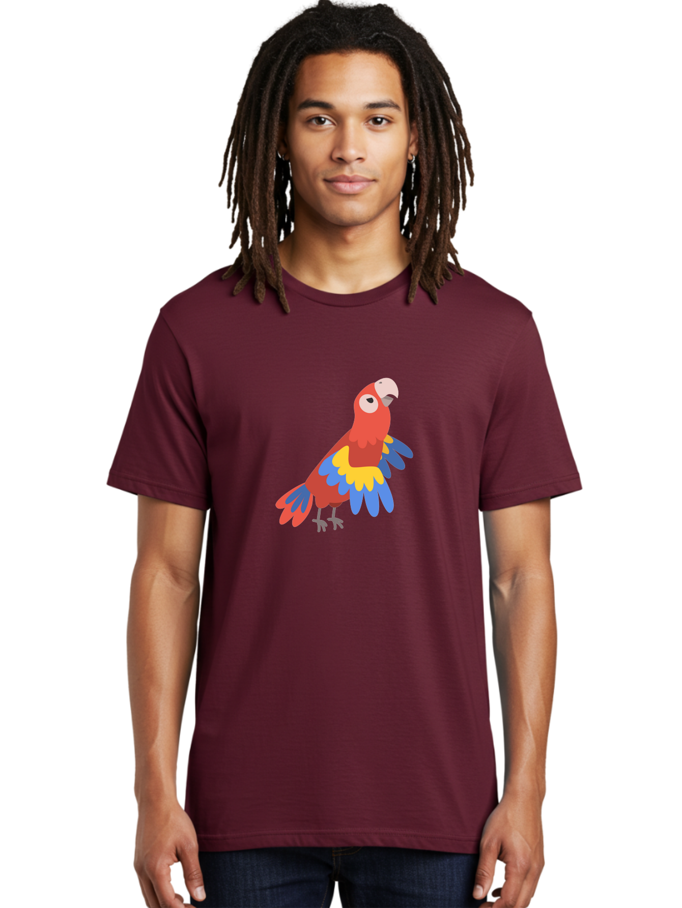 Red-Parrot-4 Men'S Graphic Tee, 100% Cotton, Comfortable Casual Summer Wear, Machine Washable, Colorful Parrot, Vibrant Red, Blue And Yellow Feathers, Cartoon Bird, Tropical Wildlife, Exotic Pet, Playful Creature, Fun Illustration Aab880