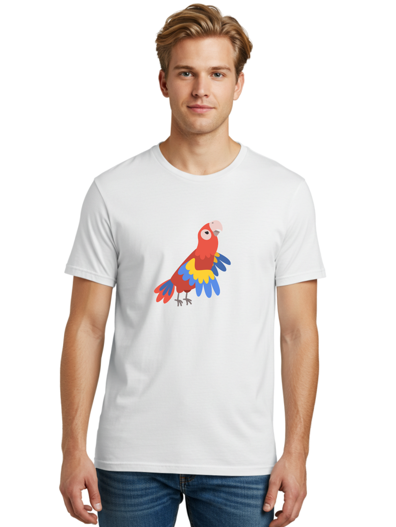 Red-Parrot-4 Men'S Graphic Tee, 100% Cotton, Comfortable Casual Summer Wear, Machine Washable, Colorful Parrot, Vibrant Red, Blue And Yellow Feathers, Cartoon Bird, Tropical Wildlife, Exotic Pet, Playful Creature, Fun Illustration Aab880