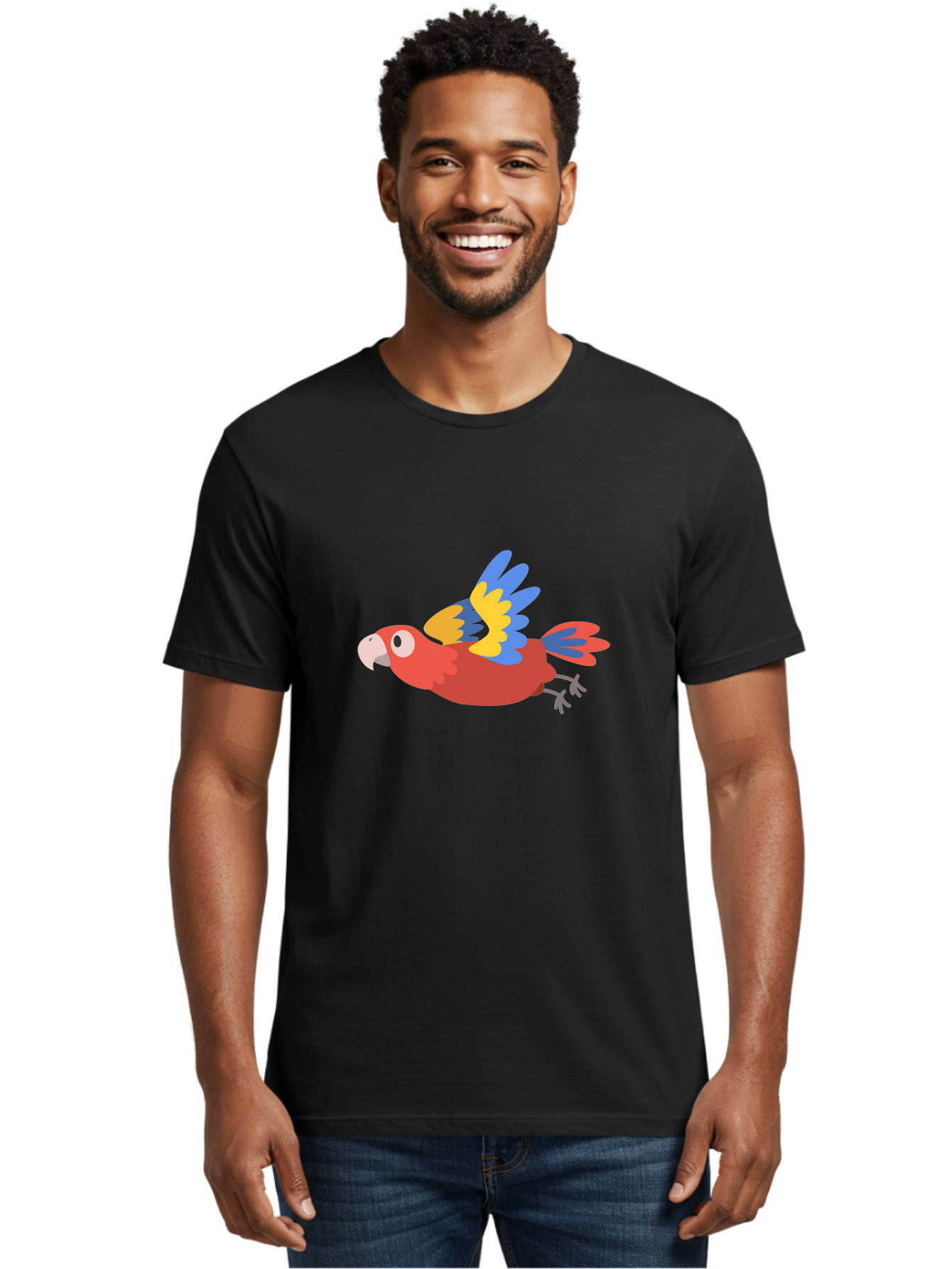 Red-Parrot Men'S Graphic Tee, 100% Cotton, Comfortable Casual Summer Wear, Machine Washable, Colorful Parrot, Vibrant Red, Blue And Yellow Wings, Cartoon Bird, Tropical Bird, Flying Macaw, Parrot In Flight, Exotic Bird, Winged Creature, Aab881