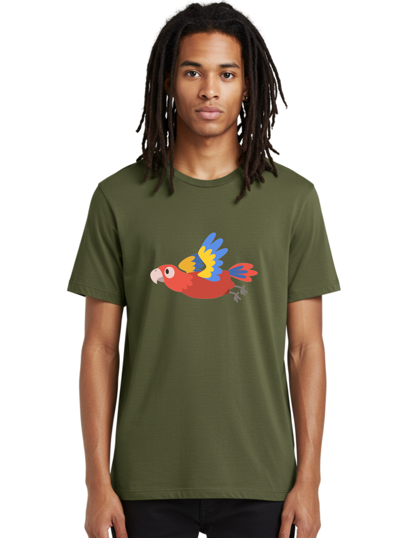 Red-Parrot Men'S Graphic Tee, 100% Cotton, Comfortable Casual Summer Wear, Machine Washable, Colorful Parrot, Vibrant Red, Blue And Yellow Wings, Cartoon Bird, Tropical Bird, Flying Macaw, Parrot In Flight, Exotic Bird, Winged Creature, Aab881