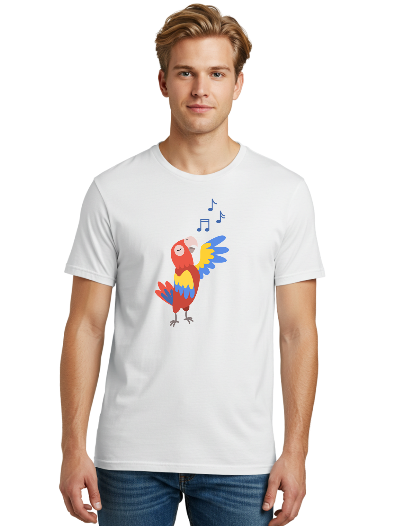 Singing-Parrot Men'S Graphic Tee, 100% Cotton, Comfortable Casual Summer Wear, Machine Washable, Colorful Parrot, Singing Bird, Vibrant Plumage, Tropical Bird, Happy Atmosphere, Melodic Sounds, Bird Song, Joyful Creature Aab887