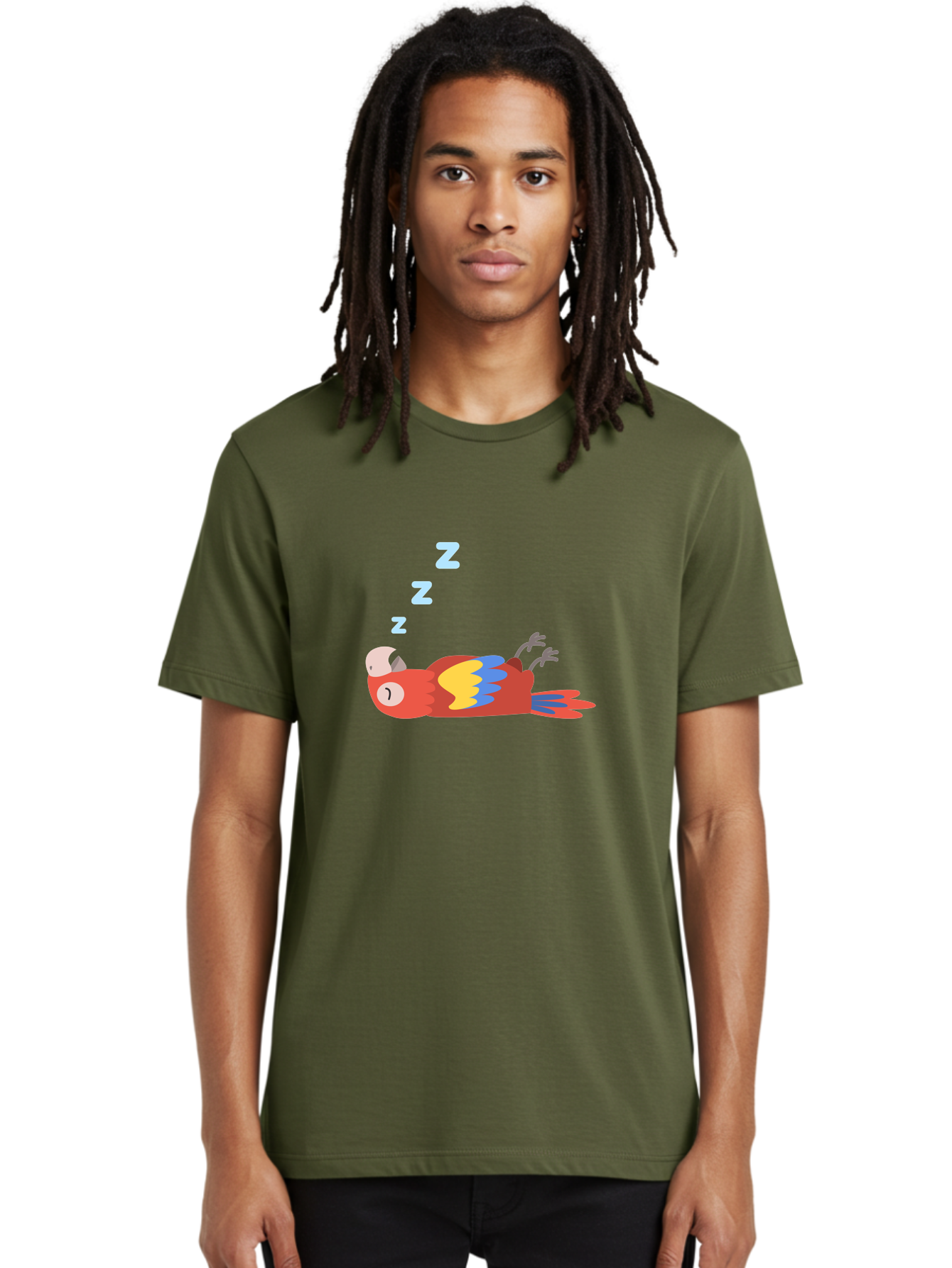 Sleeping-Parrot-1 Men'S Graphic Tee, 100% Cotton, Comfortable Casual Summer Wear, Machine Washable, Sleeping Parrot, Cartoon Bird, Colorful Plumage, Relaxed Atmosphere, Snoozing Animal, Zzz, Dreamy Expression, Vibrant Feathers, Tropical Bird Aab888