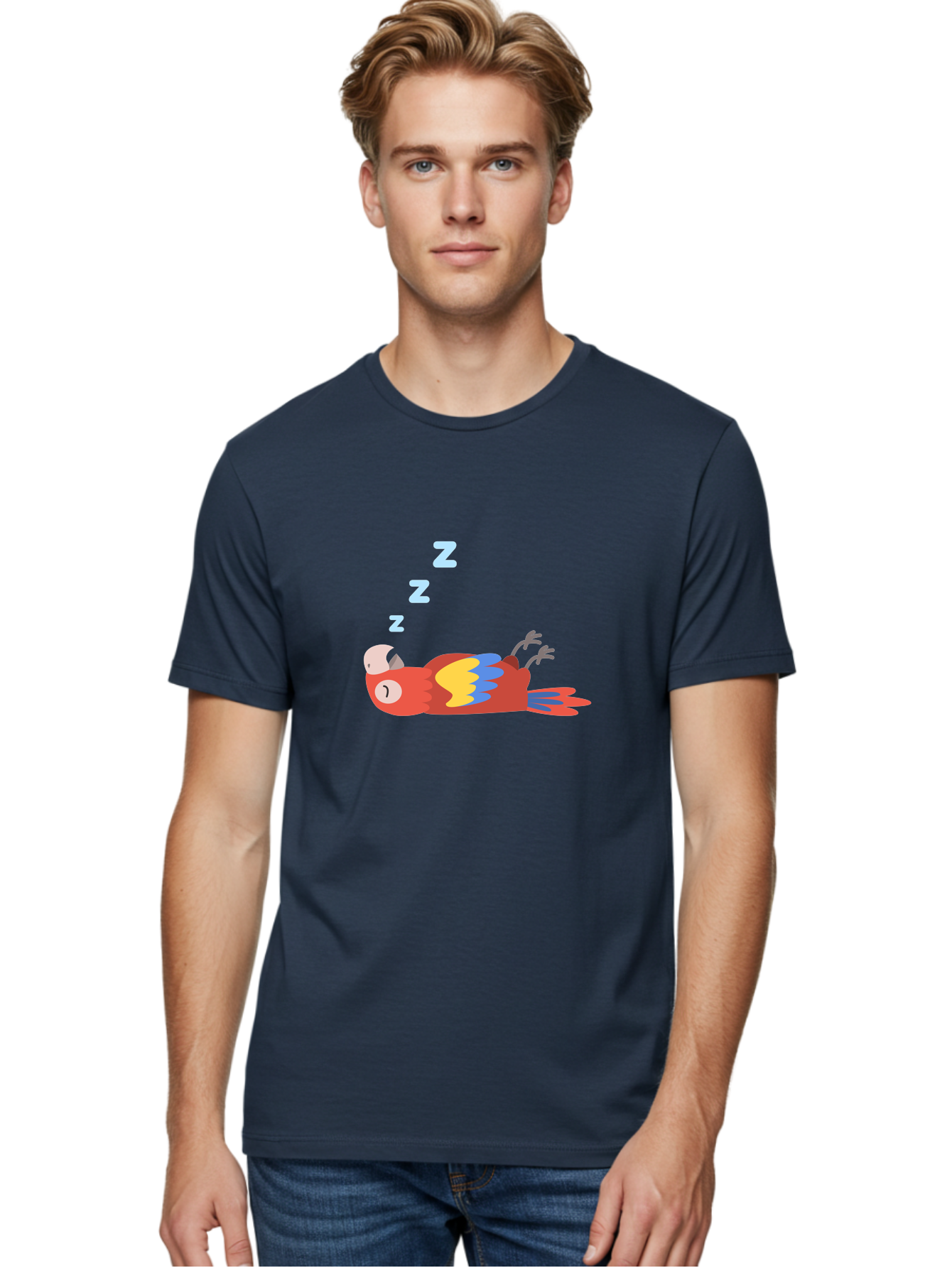 Sleeping-Parrot-1 Men'S Graphic Tee, 100% Cotton, Comfortable Casual Summer Wear, Machine Washable, Sleeping Parrot, Cartoon Bird, Colorful Plumage, Relaxed Atmosphere, Snoozing Animal, Zzz, Dreamy Expression, Vibrant Feathers, Tropical Bird Aab888