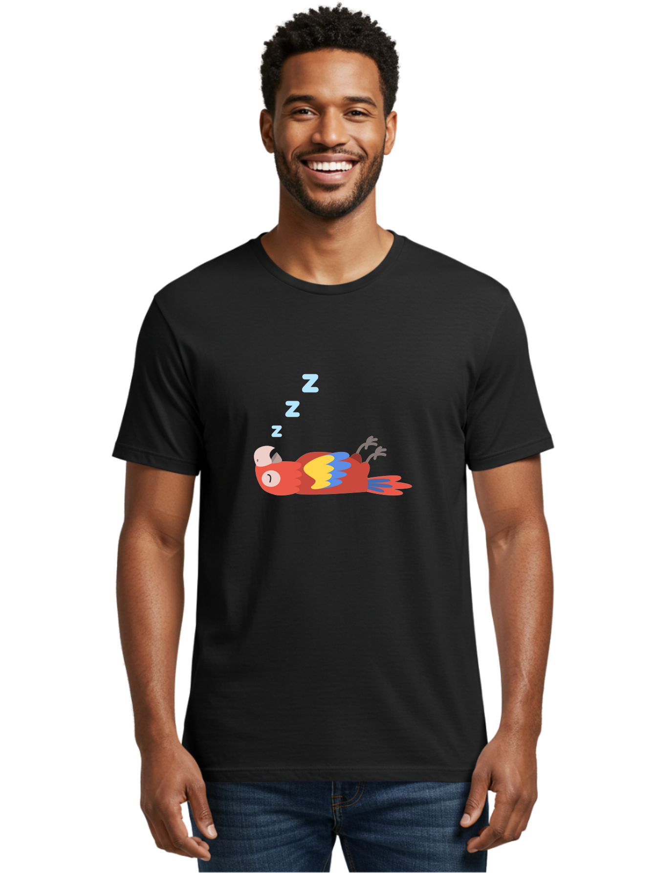 Sleeping-Parrot Men'S Graphic Tee, 100% Cotton, Comfortable Casual Summer Wear, Machine Washable, Sleeping Parrot, Cartoon Parrot, Colorful Bird, Vibrant Feathers, Blue And Yellow Wings, Relaxed Atmosphere, Dreamy Mood, Zzz Symbol Aab890