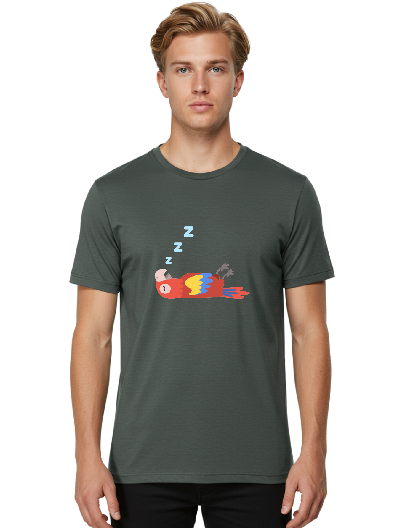 Sleeping-Parrot Men'S Graphic Tee, 100% Cotton, Comfortable Casual Summer Wear, Machine Washable, Sleeping Parrot, Cartoon Parrot, Colorful Bird, Vibrant Feathers, Blue And Yellow Wings, Relaxed Atmosphere, Dreamy Mood, Zzz Symbol Aab890