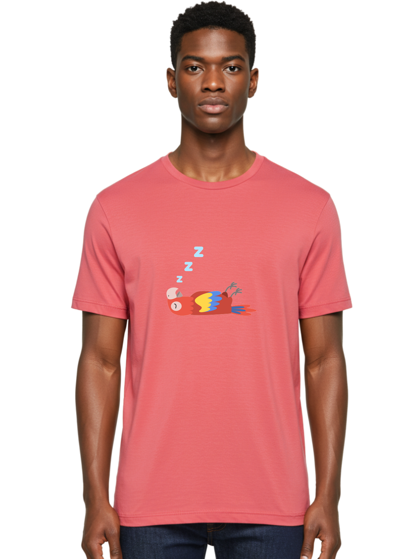 Sleeping-Parrot Men'S Graphic Tee, 100% Cotton, Comfortable Casual Summer Wear, Machine Washable, Sleeping Parrot, Cartoon Parrot, Colorful Bird, Vibrant Feathers, Blue And Yellow Wings, Relaxed Atmosphere, Dreamy Mood, Zzz Symbol Aab890