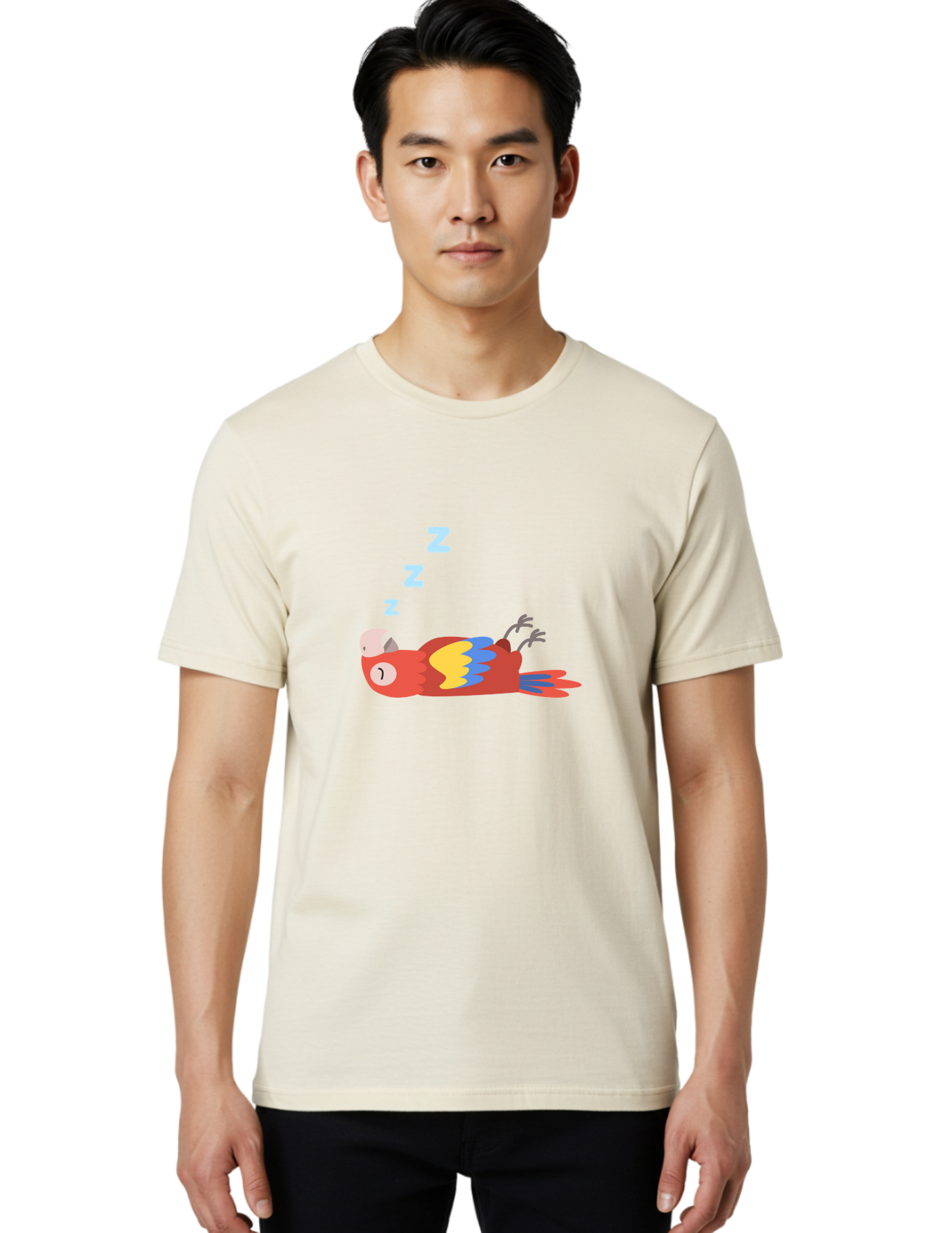 Sleeping-Parrot Men'S Graphic Tee, 100% Cotton, Comfortable Casual Summer Wear, Machine Washable, Sleeping Parrot, Cartoon Parrot, Colorful Bird, Vibrant Feathers, Blue And Yellow Wings, Relaxed Atmosphere, Dreamy Mood, Zzz Symbol Aab890