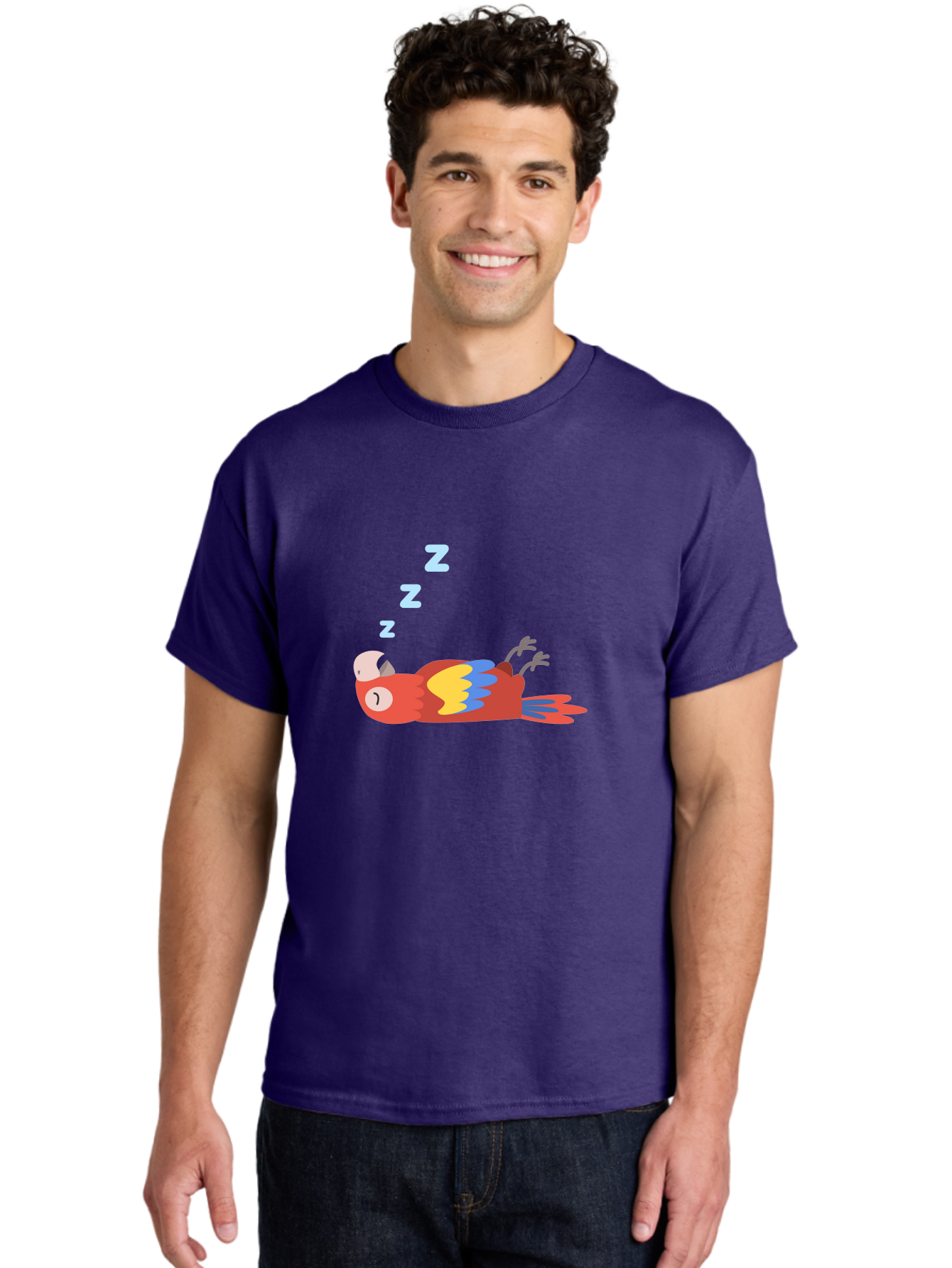 Sleeping-Parrot Men'S Graphic Tee, 100% Cotton, Comfortable Casual Summer Wear, Machine Washable, Sleeping Parrot, Cartoon Parrot, Colorful Bird, Vibrant Feathers, Blue And Yellow Wings, Relaxed Atmosphere, Dreamy Mood, Zzz Symbol Aab890
