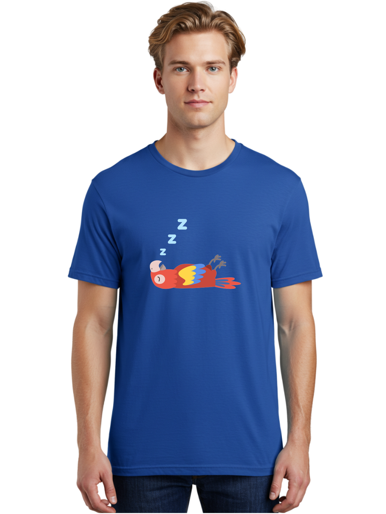 Sleeping-Parrot Men'S Graphic Tee, 100% Cotton, Comfortable Casual Summer Wear, Machine Washable, Sleeping Parrot, Cartoon Parrot, Colorful Bird, Vibrant Feathers, Blue And Yellow Wings, Relaxed Atmosphere, Dreamy Mood, Zzz Symbol Aab890