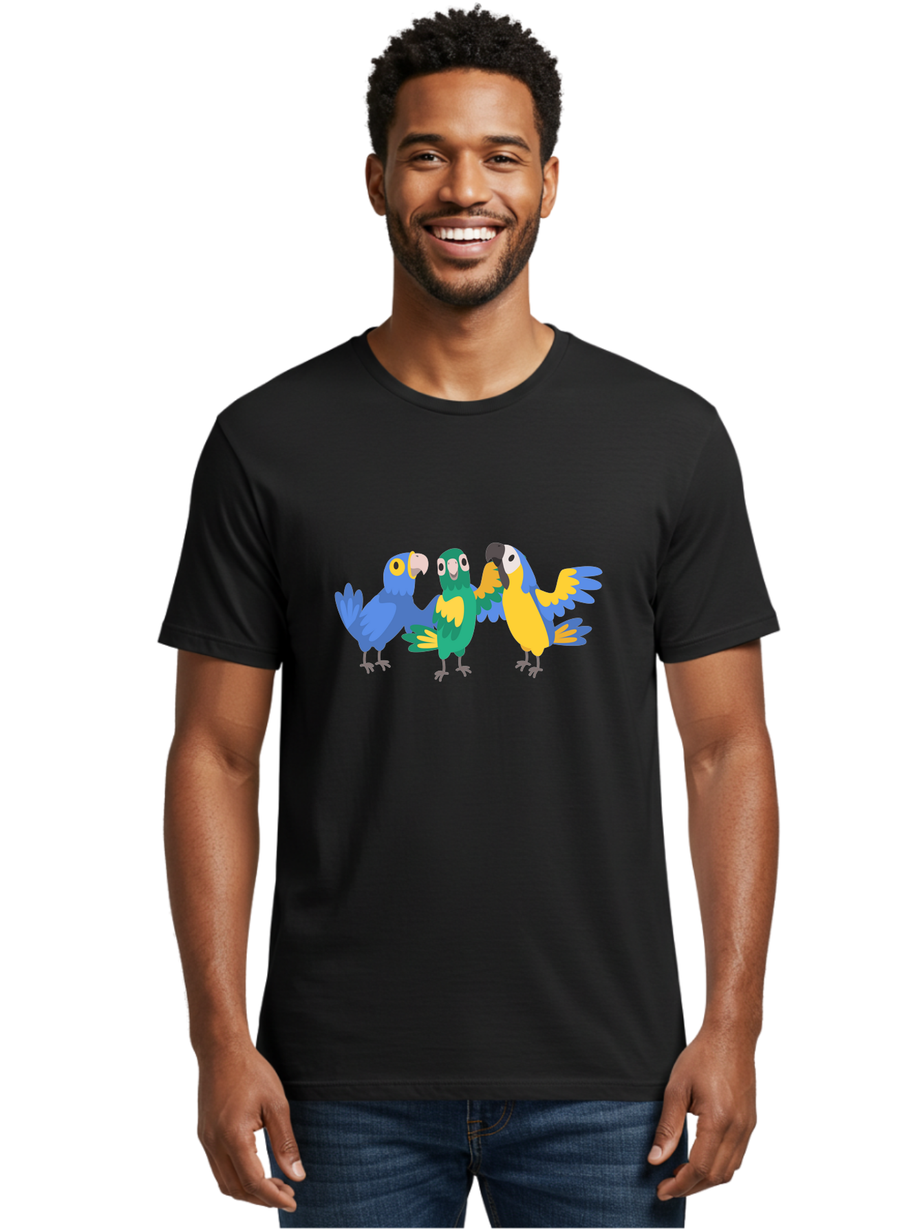 Three-Parrots Men'S Graphic Tee, 100% Cotton, Comfortable Casual Summer Wear, Machine Washable, Colorful Parrots, Vibrant Blue And Yellow Feathers, Playful Birds, Parrot Friends, Tropical Birds, Bird Illustrations, Cartoon Parrots, Aab894