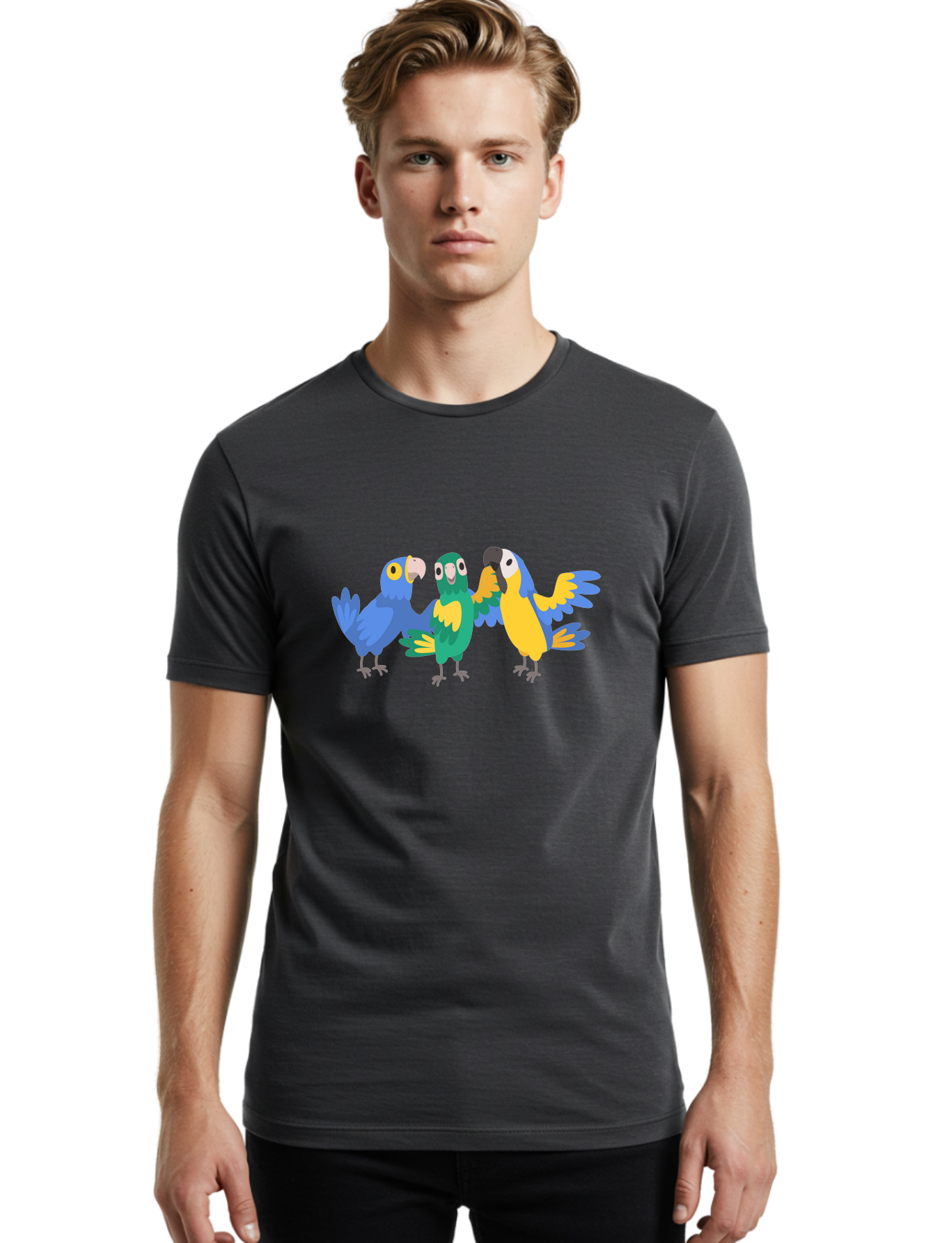Three-Parrots Men'S Graphic Tee, 100% Cotton, Comfortable Casual Summer Wear, Machine Washable, Colorful Parrots, Vibrant Blue And Yellow Feathers, Playful Birds, Parrot Friends, Tropical Birds, Bird Illustrations, Cartoon Parrots, Aab894