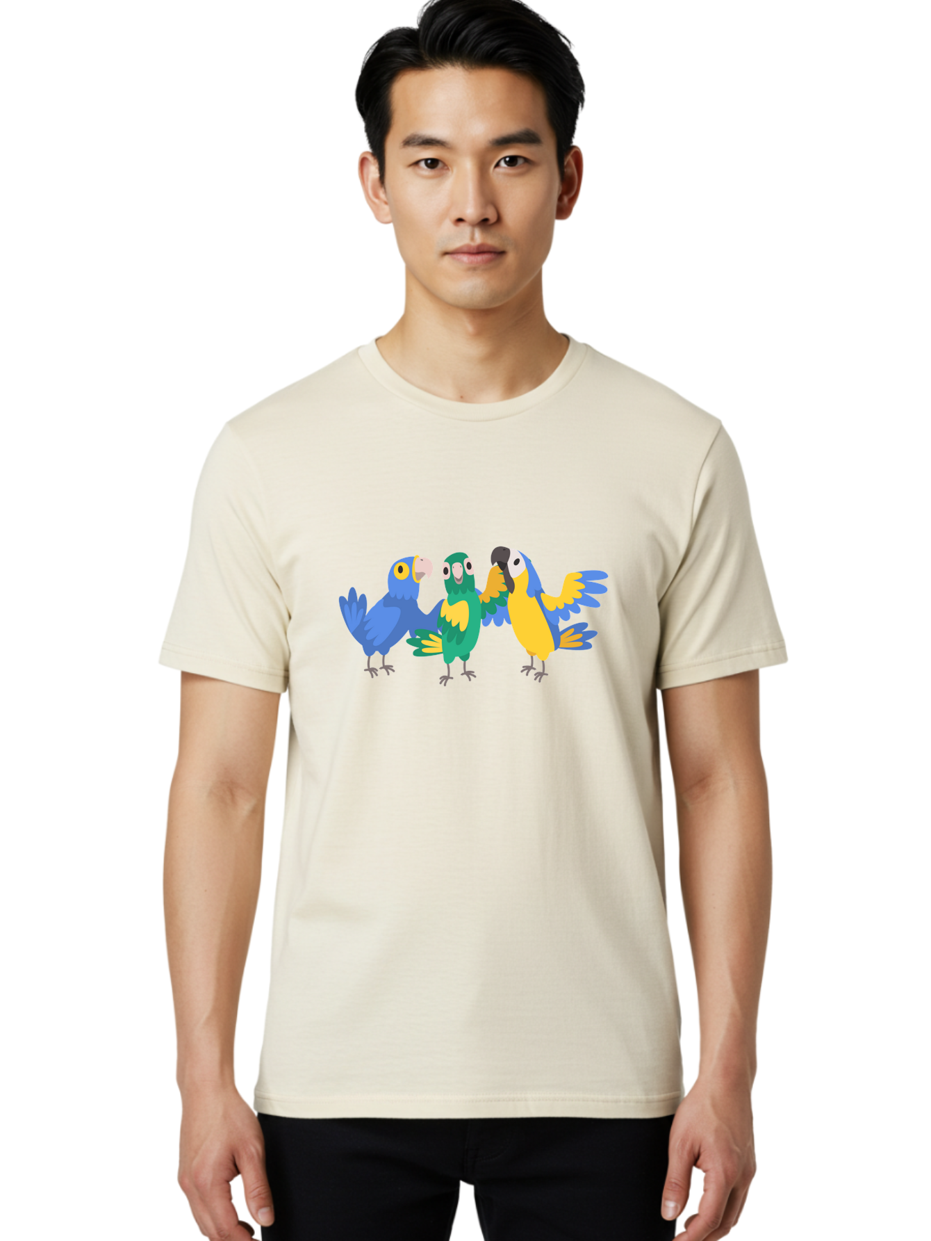 Three-Parrots Men'S Graphic Tee, 100% Cotton, Comfortable Casual Summer Wear, Machine Washable, Colorful Parrots, Vibrant Blue And Yellow Feathers, Playful Birds, Parrot Friends, Tropical Birds, Bird Illustrations, Cartoon Parrots, Aab894