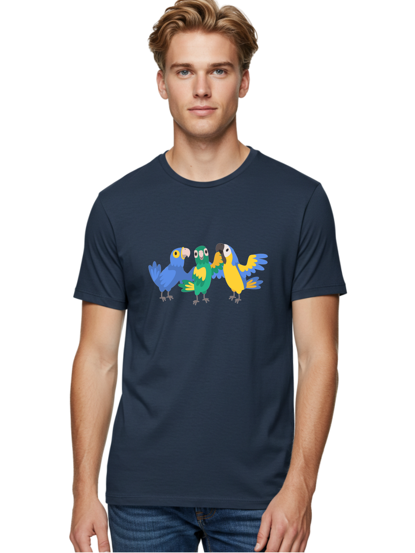 Three-Parrots Men'S Graphic Tee, 100% Cotton, Comfortable Casual Summer Wear, Machine Washable, Colorful Parrots, Vibrant Blue And Yellow Feathers, Playful Birds, Parrot Friends, Tropical Birds, Bird Illustrations, Cartoon Parrots, Aab894