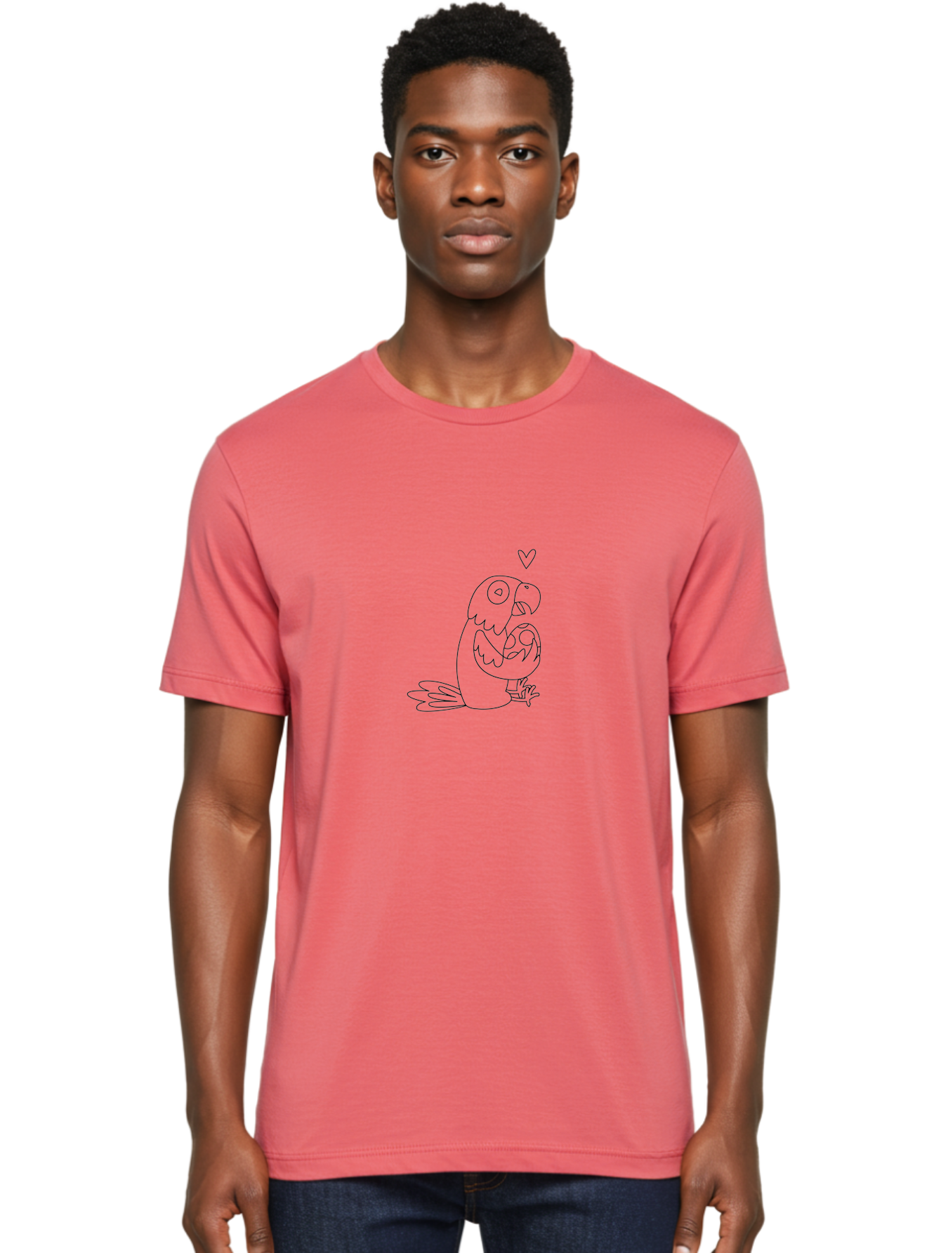 Two-Parrots-Hugging Men'S Graphic Tee, 100% Cotton, Comfortable Casual Summer Wear, Machine Washable, Parrot Hugging Chick, Cute Cartoon Animals, Bird Love, Adorable Illustration, Heartwarming Scene, Animal Affection, Tender Moment, Aab895
