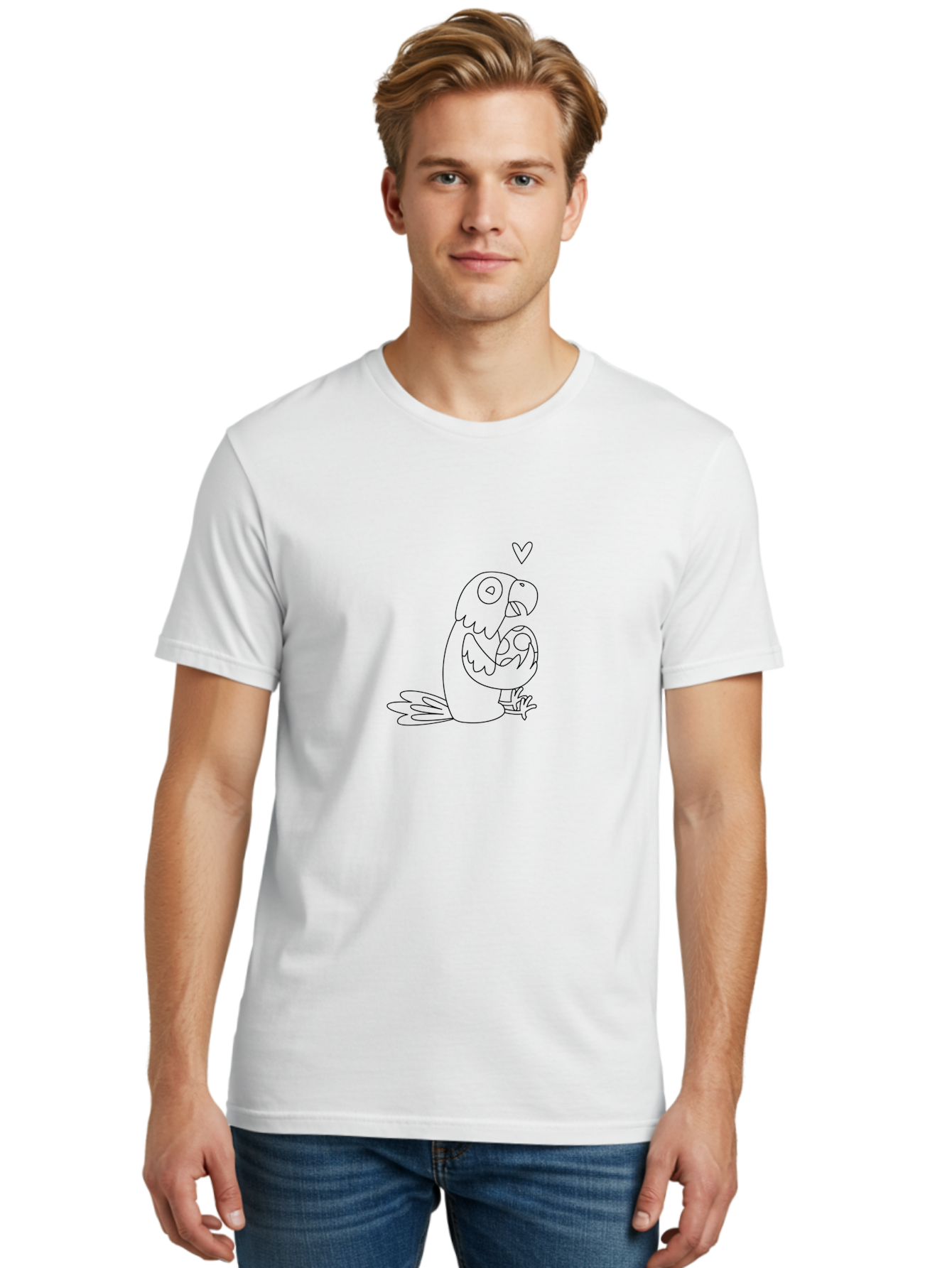 Two-Parrots-Hugging Men'S Graphic Tee, 100% Cotton, Comfortable Casual Summer Wear, Machine Washable, Parrot Hugging Chick, Cute Cartoon Animals, Bird Love, Adorable Illustration, Heartwarming Scene, Animal Affection, Tender Moment, Aab895