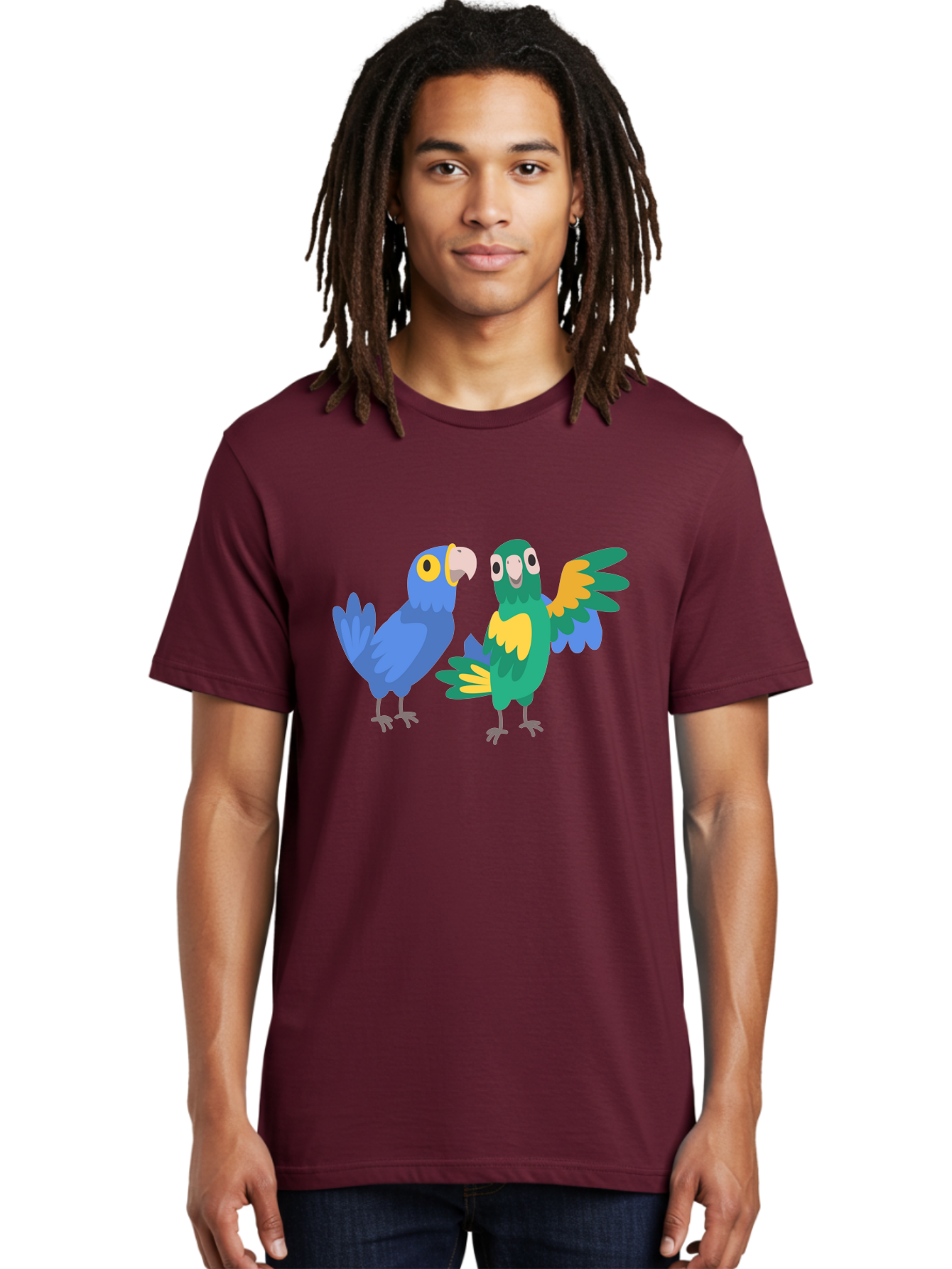 Two-Parrots Men'S Graphic Tee, 100% Cotton, Comfortable Casual Summer Wear, Machine Washable, Cartoon Parrots, Colorful Birds, Vibrant Plumage, Blue Parrot, Green Parrot, Yellow Accents, Playful Birds, Animated Creatures, Parrot Illustration, Aab896