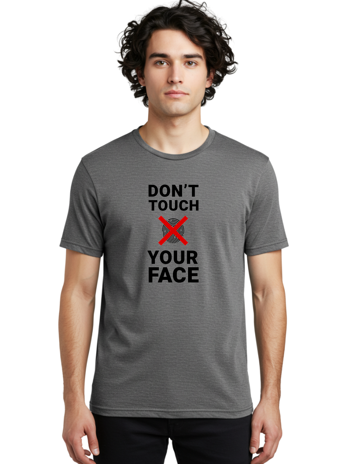 Don-T-Touch-Your-Face Men'S Graphic Tee, 100% Cotton, Comfortable Casual Summer Wear, Machine Washable, Public Health Warning, Hygiene Reminder, Face Touching Prevention, Fingerprint Graphic, Red Cross Symbol, Health Safety Message, Aab901