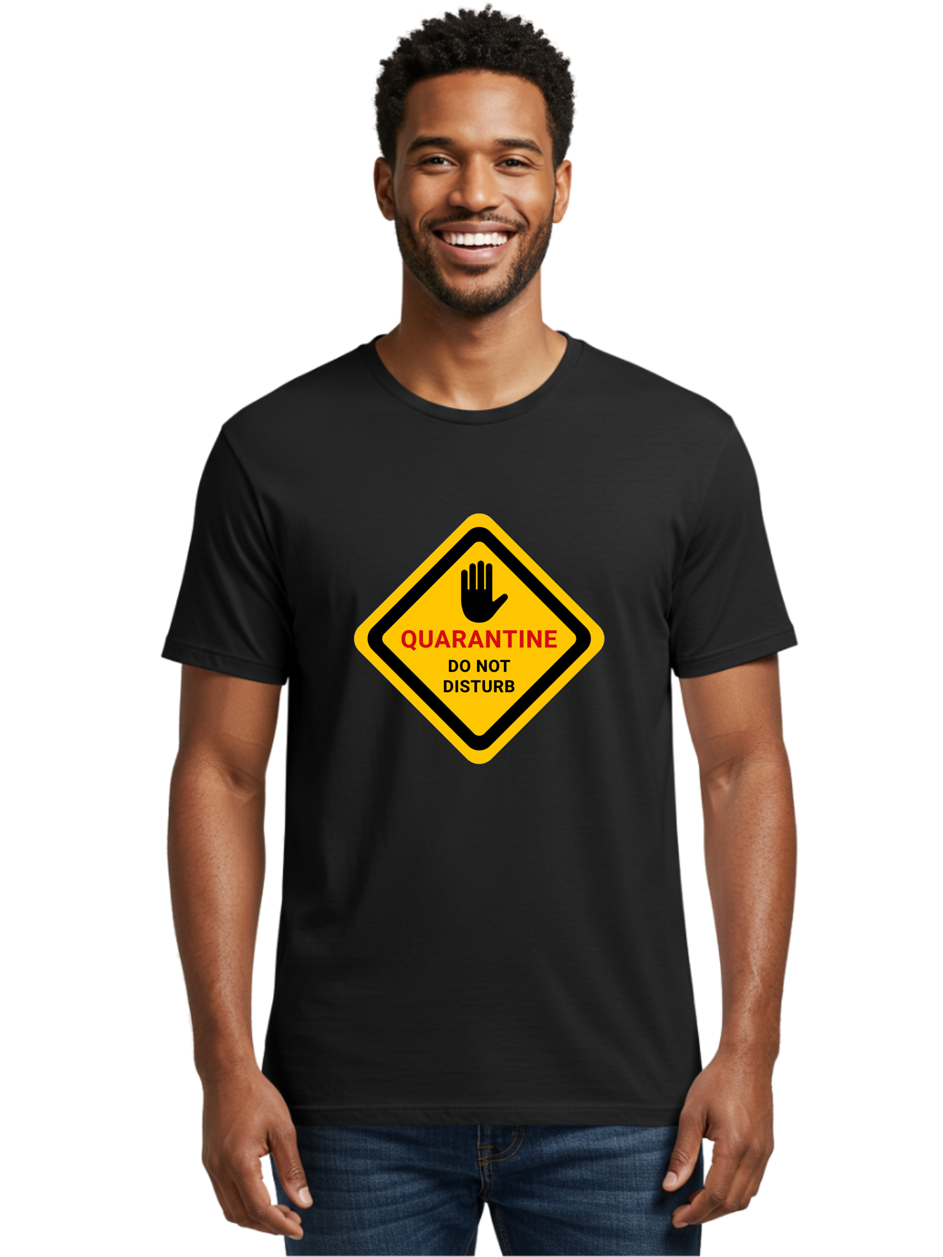 Quarantine-Warning-Sign Men'S Graphic Tee, 100% Cotton, Comfortable Casual Summer Wear, Machine Washable, Quarantine Sign, Warning Sign, Do Not Disturb, Hand Gesture, Caution Sign, Health Alert, Isolation Notice, Pandemic Warning Aab915