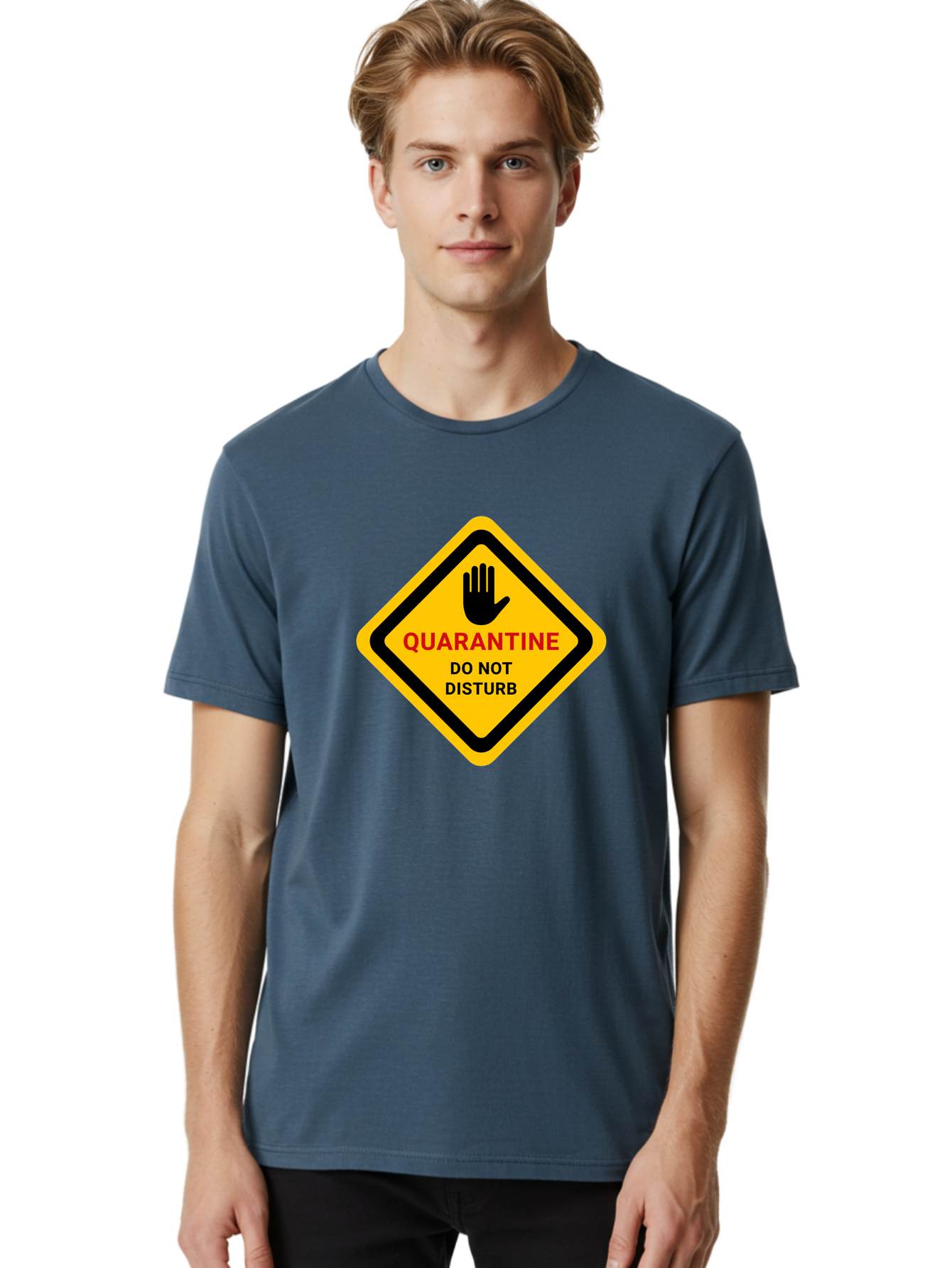 Quarantine-Warning-Sign Men'S Graphic Tee, 100% Cotton, Comfortable Casual Summer Wear, Machine Washable, Quarantine Sign, Warning Sign, Do Not Disturb, Hand Gesture, Caution Sign, Health Alert, Isolation Notice, Pandemic Warning Aab915