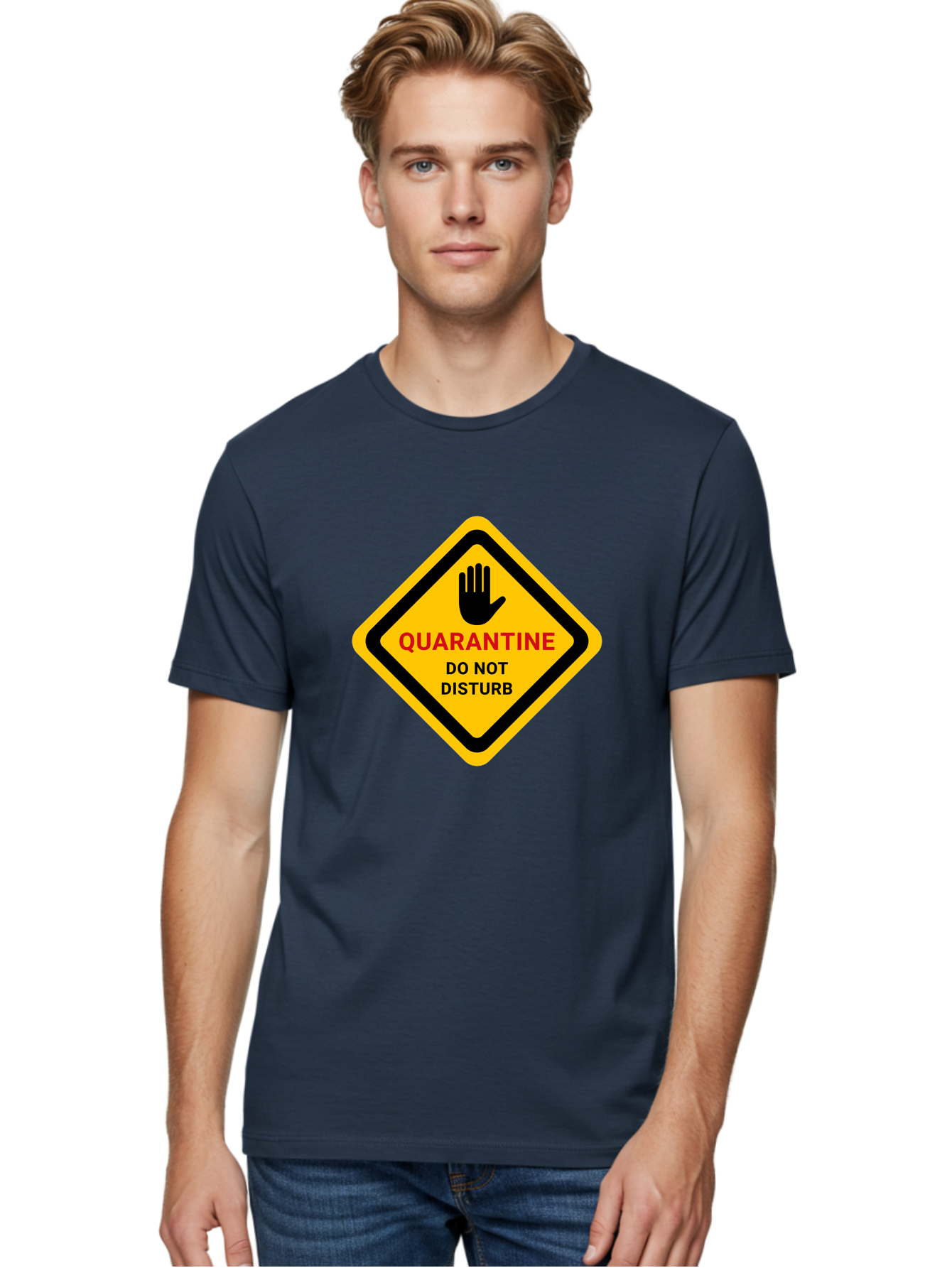 Quarantine-Warning-Sign Men'S Graphic Tee, 100% Cotton, Comfortable Casual Summer Wear, Machine Washable, Quarantine Sign, Warning Sign, Do Not Disturb, Hand Gesture, Caution Sign, Health Alert, Isolation Notice, Pandemic Warning Aab915