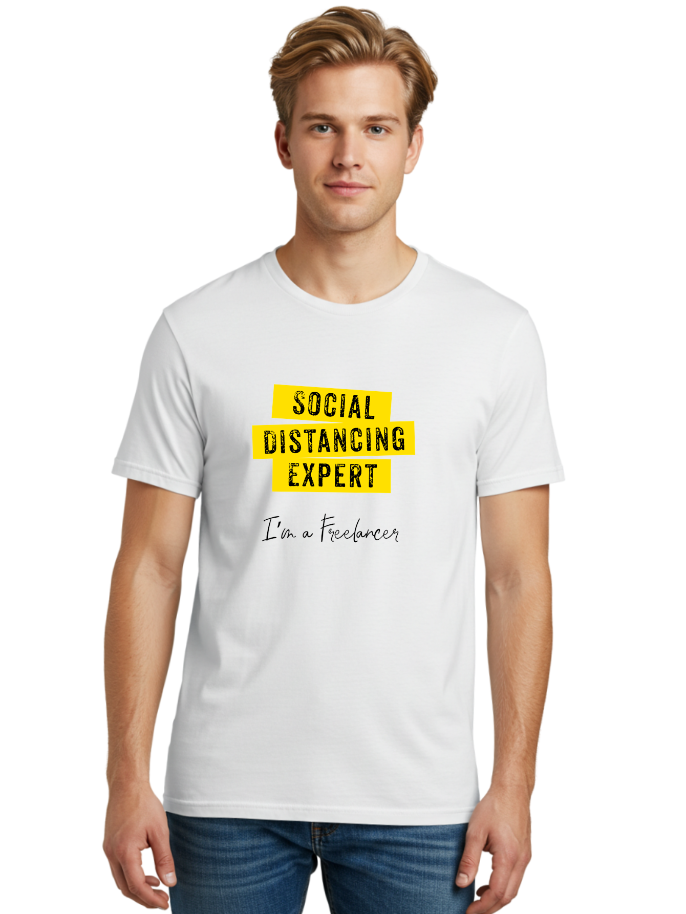 Social-Distancing-Expert Men'S Graphic Tee, 100% Cotton, Comfortable Casual Summer Wear, Machine Washable, Freelancer, Social Distancing Expert, Remote Work, Independent Professional, Flexible Career, Self-Employed, Covid-19, Pandemic Response Aab919
