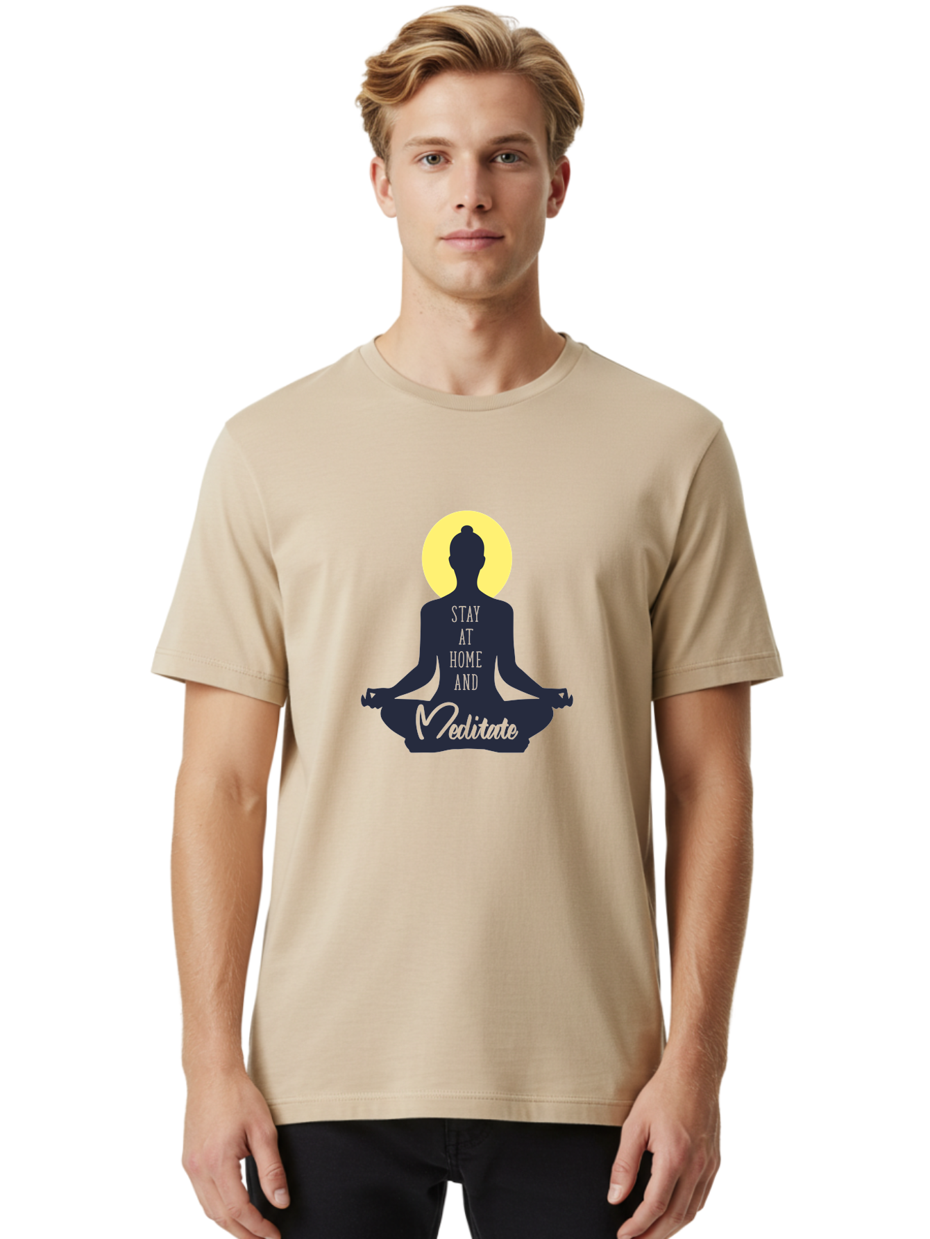 Stay-At-Home-And-Meditate Men'S Graphic Tee, 100% Cotton, Comfortable Casual Summer Wear, Machine Washable, Meditation Practice, Yoga Pose, Mindfulness, Inner Peace, Relaxation, Staying Home, Calm Atmosphere, Lotus Position, Serene Mood, Aab921