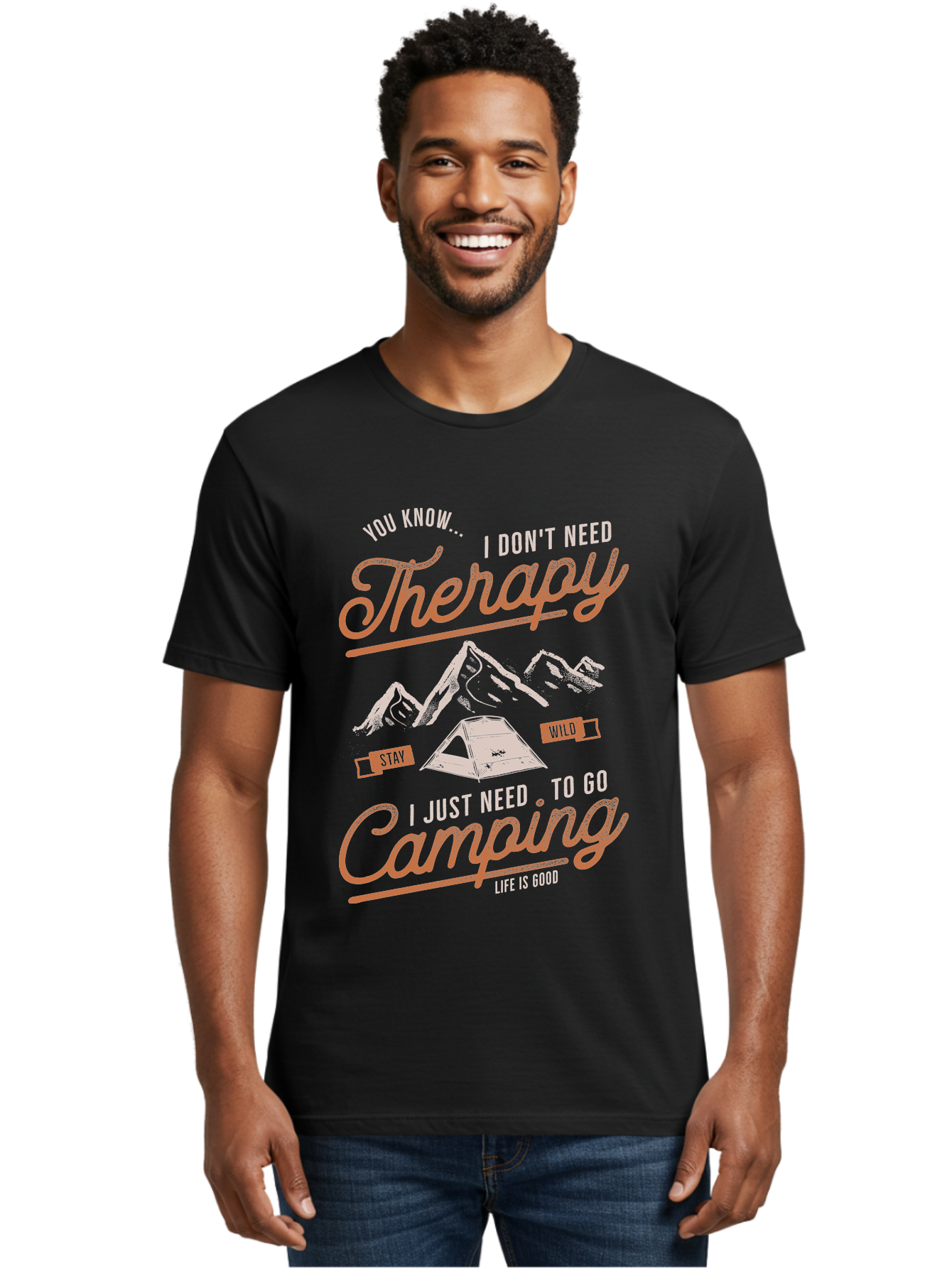 Camping-Therapy-1 Men'S Graphic Tee, 100% Cotton, Comfortable Casual Summer Wear, Machine Washable, Camping Therapy, Outdoor Adventure, Nature Escape, Mountains, Tent, Relaxation, Stress Relief, Wellness, Adventure Seeking, Inspirational Quote Aab930