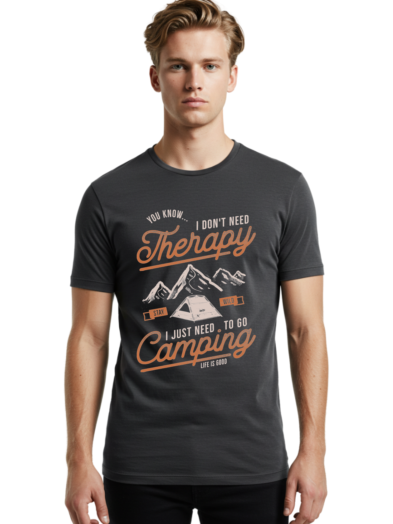 Camping-Therapy-1 Men'S Graphic Tee, 100% Cotton, Comfortable Casual Summer Wear, Machine Washable, Camping Therapy, Outdoor Adventure, Nature Escape, Mountains, Tent, Relaxation, Stress Relief, Wellness, Adventure Seeking, Inspirational Quote Aab930
