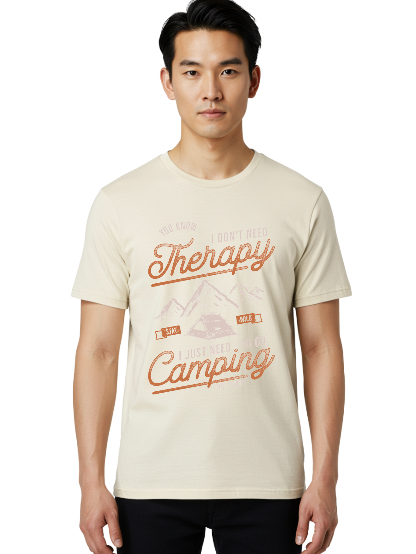 Camping-Therapy-1 Men'S Graphic Tee, 100% Cotton, Comfortable Casual Summer Wear, Machine Washable, Camping Therapy, Outdoor Adventure, Nature Escape, Mountains, Tent, Relaxation, Stress Relief, Wellness, Adventure Seeking, Inspirational Quote Aab930