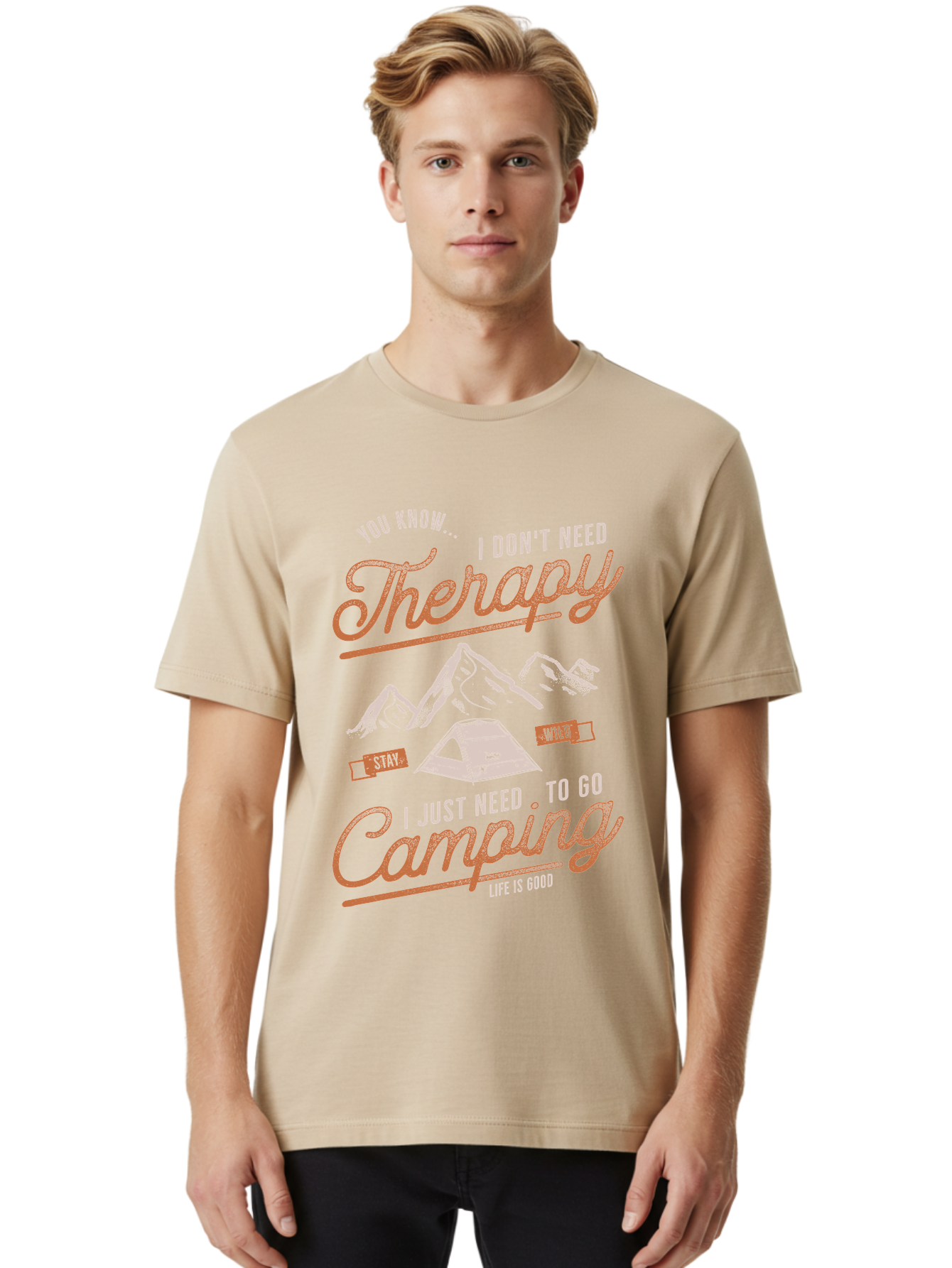 Camping-Therapy-1 Men'S Graphic Tee, 100% Cotton, Comfortable Casual Summer Wear, Machine Washable, Camping Therapy, Outdoor Adventure, Nature Escape, Mountains, Tent, Relaxation, Stress Relief, Wellness, Adventure Seeking, Inspirational Quote Aab930