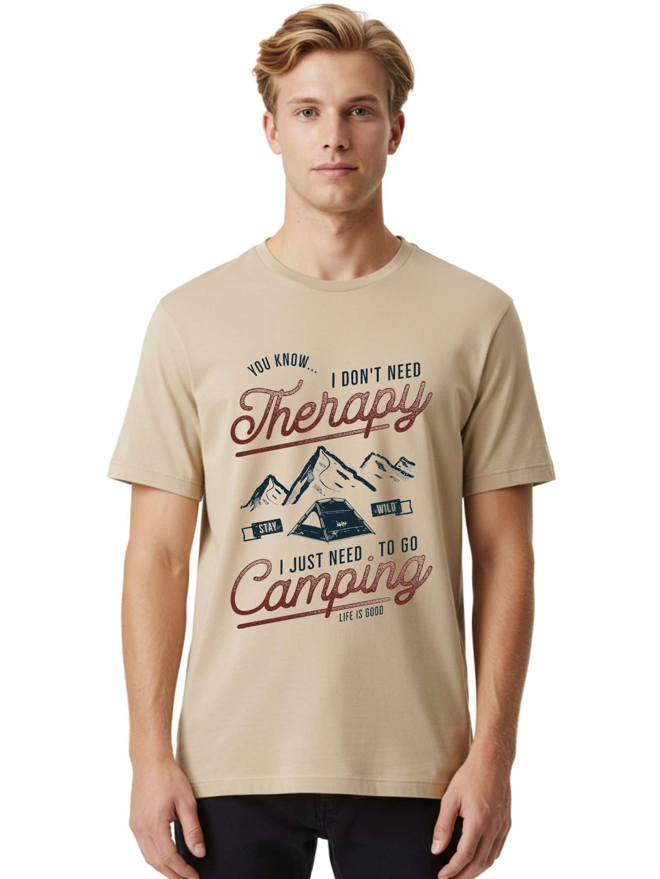 Camping-Therapy Men'S Graphic Tee, 100% Cotton, Comfortable Casual Summer Wear, Machine Washable, Camping Therapy, Outdoor Adventure, Wilderness Escape, Stay Wild, Life Is Good, Nature Therapy, Camping Quotes, Adventure Seeking, Aab931