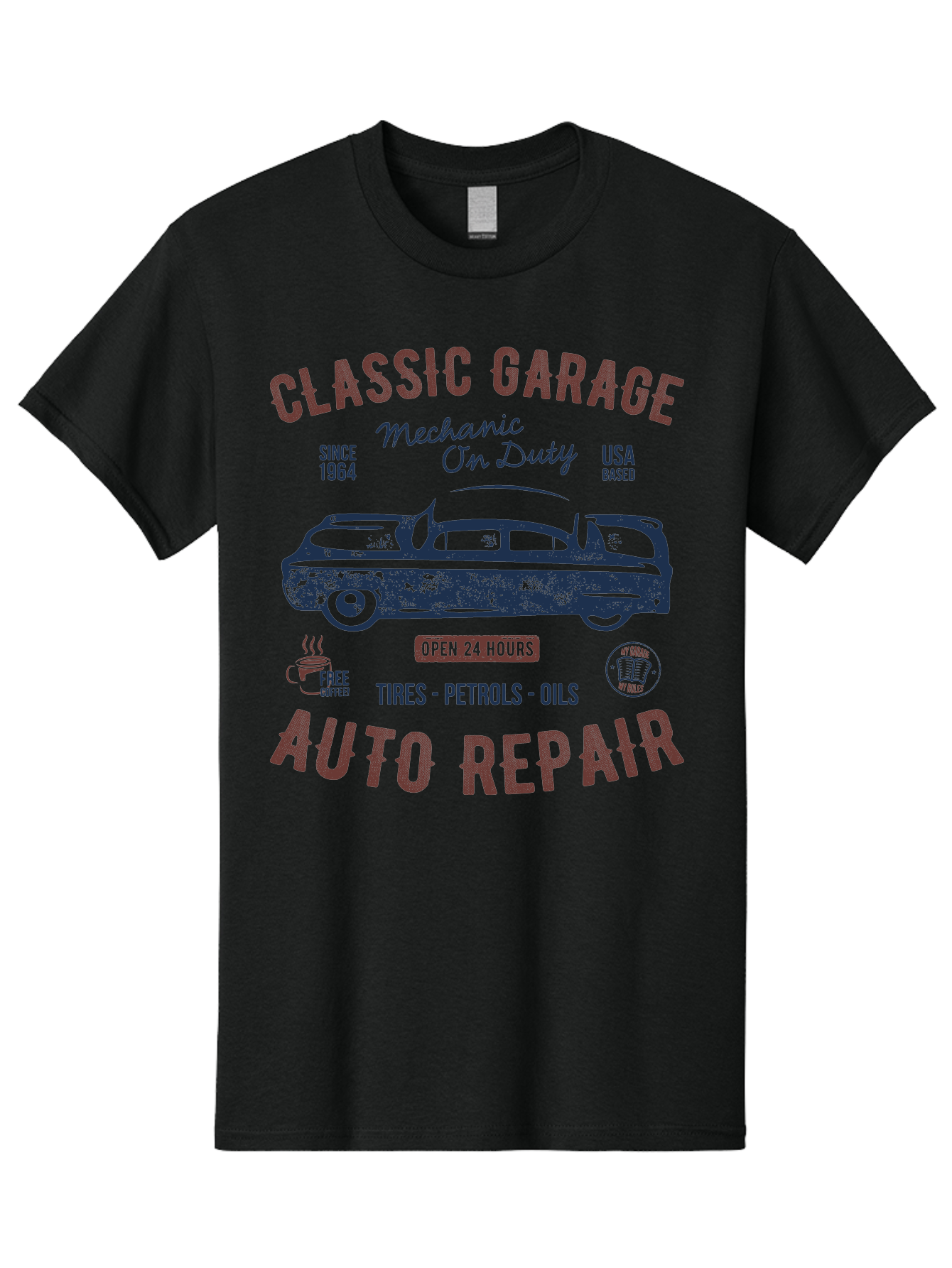 Classic-Garage-Auto-Repair Men'S Graphic Tee, 100% Cotton, Comfortable Casual Summer Wear, Machine Washable, Classic Car, Garage Services, 24-Hour Auto Repair, Mechanic On Duty, Tires, Petrols, Oils, Free Coffee, Usa-Based, Auto Repair Shop, Aab932