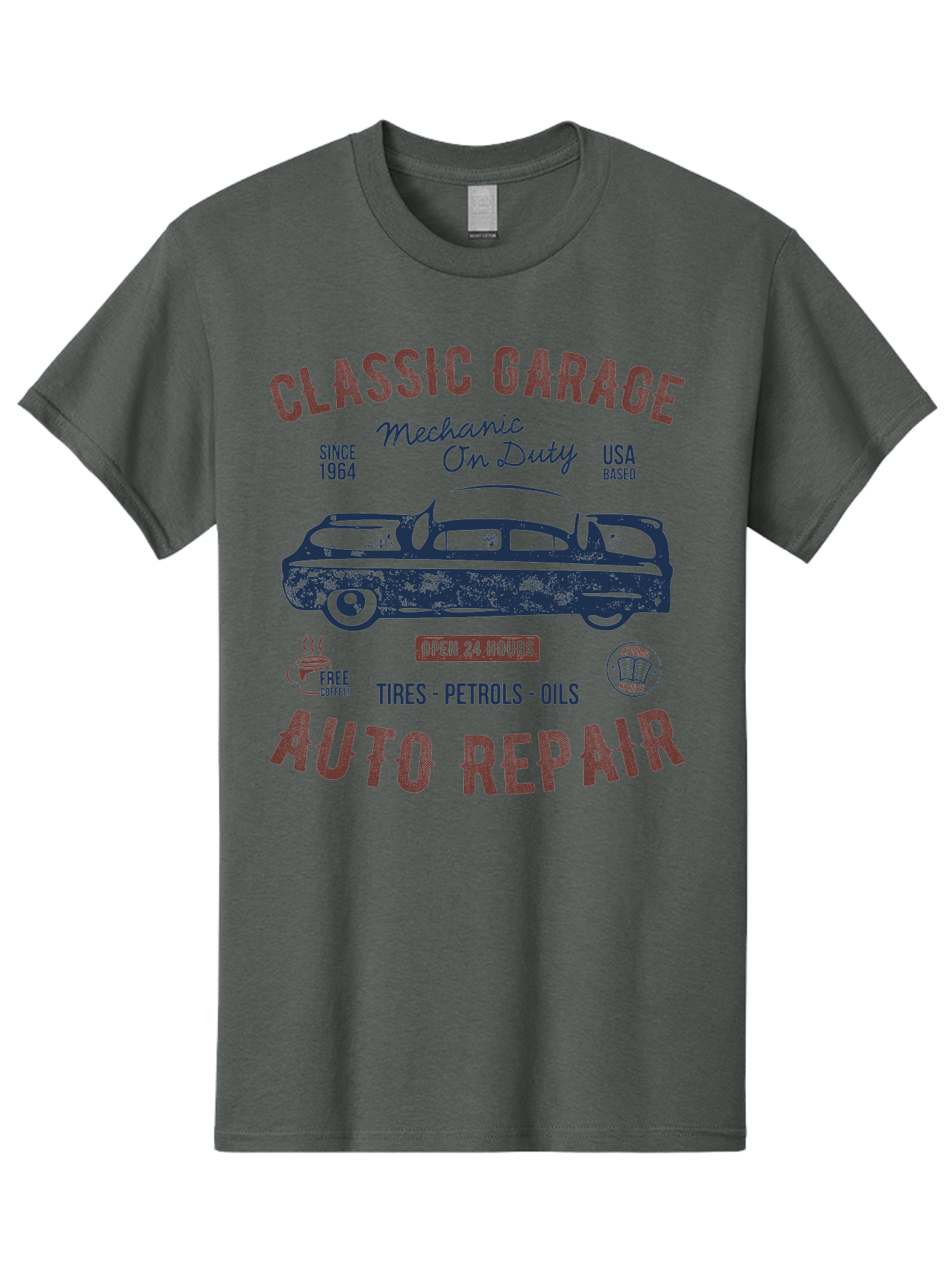 Classic-Garage-Auto-Repair Men'S Graphic Tee, 100% Cotton, Comfortable Casual Summer Wear, Machine Washable, Classic Car, Garage Services, 24-Hour Auto Repair, Mechanic On Duty, Tires, Petrols, Oils, Free Coffee, Usa-Based, Auto Repair Shop, Aab932