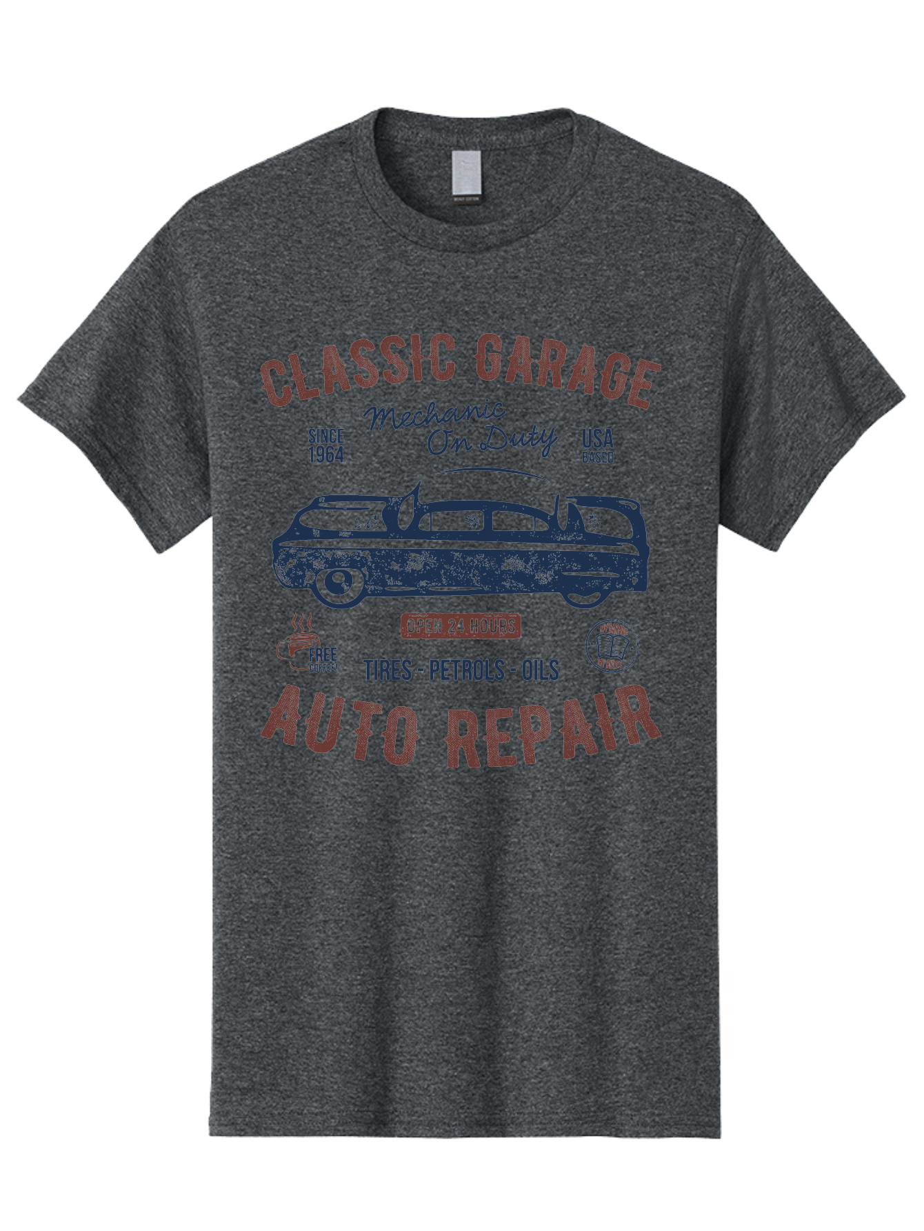 Classic-Garage-Auto-Repair Men'S Graphic Tee, 100% Cotton, Comfortable Casual Summer Wear, Machine Washable, Classic Car, Garage Services, 24-Hour Auto Repair, Mechanic On Duty, Tires, Petrols, Oils, Free Coffee, Usa-Based, Auto Repair Shop, Aab932