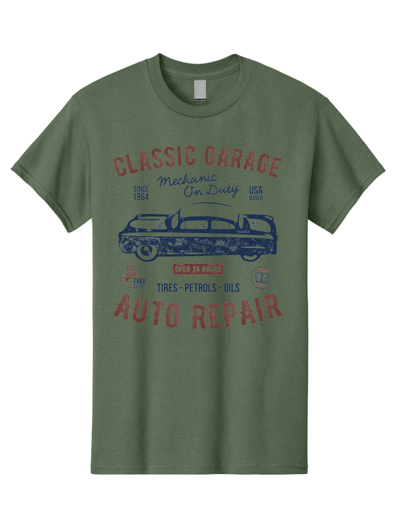 Classic-Garage-Auto-Repair Men'S Graphic Tee, 100% Cotton, Comfortable Casual Summer Wear, Machine Washable, Classic Car, Garage Services, 24-Hour Auto Repair, Mechanic On Duty, Tires, Petrols, Oils, Free Coffee, Usa-Based, Auto Repair Shop, Aab932