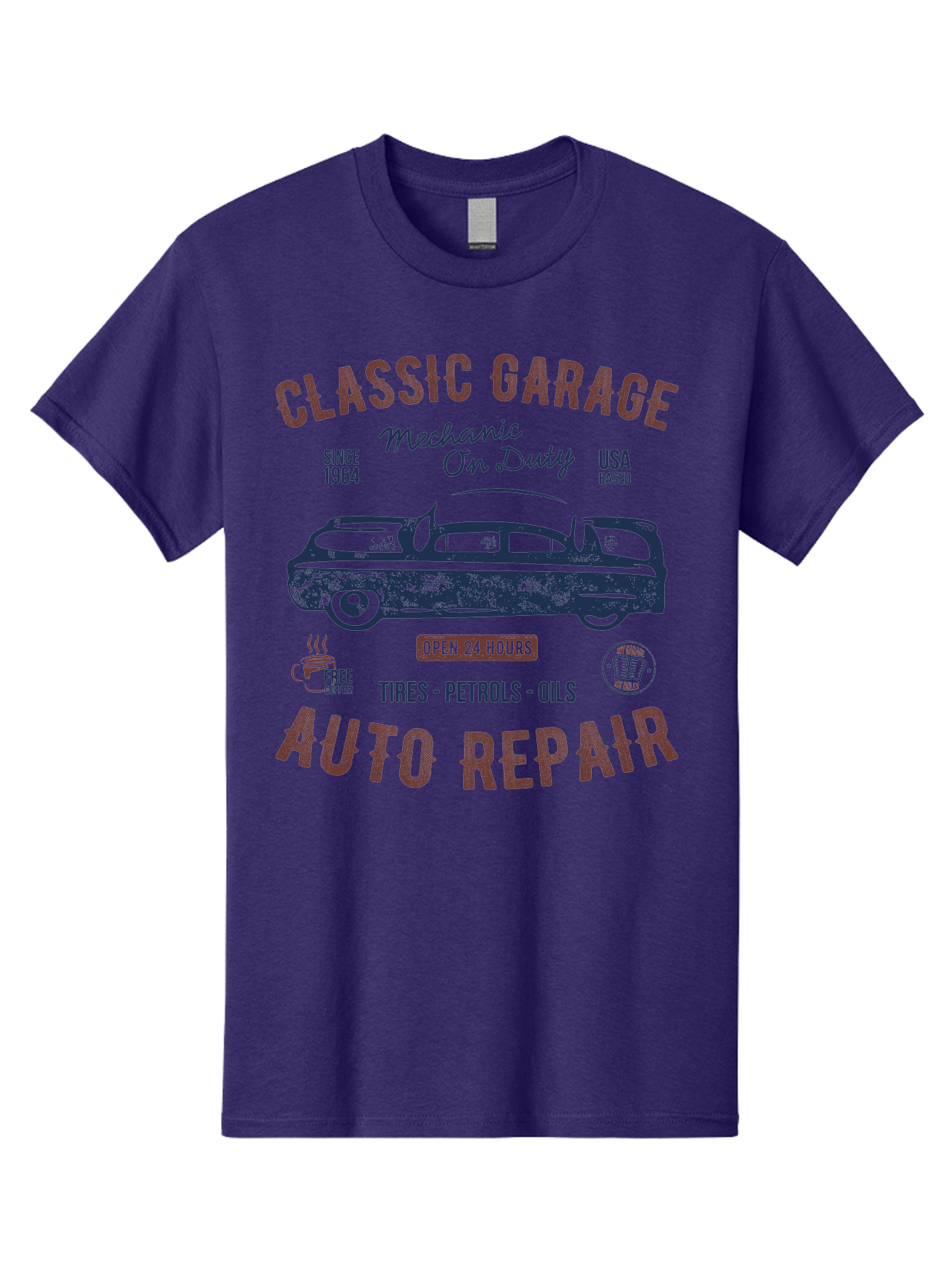 Classic-Garage-Auto-Repair Men'S Graphic Tee, 100% Cotton, Comfortable Casual Summer Wear, Machine Washable, Classic Car, Garage Services, 24-Hour Auto Repair, Mechanic On Duty, Tires, Petrols, Oils, Free Coffee, Usa-Based, Auto Repair Shop, Aab932
