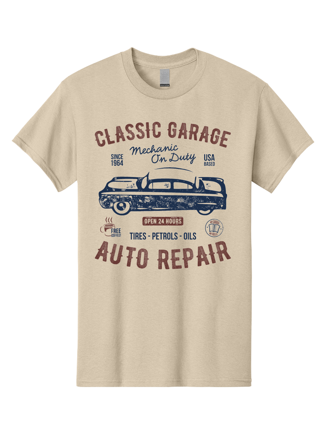 Classic-Garage-Auto-Repair Men'S Graphic Tee, 100% Cotton, Comfortable Casual Summer Wear, Machine Washable, Classic Car, Garage Services, 24-Hour Auto Repair, Mechanic On Duty, Tires, Petrols, Oils, Free Coffee, Usa-Based, Auto Repair Shop, Aab932